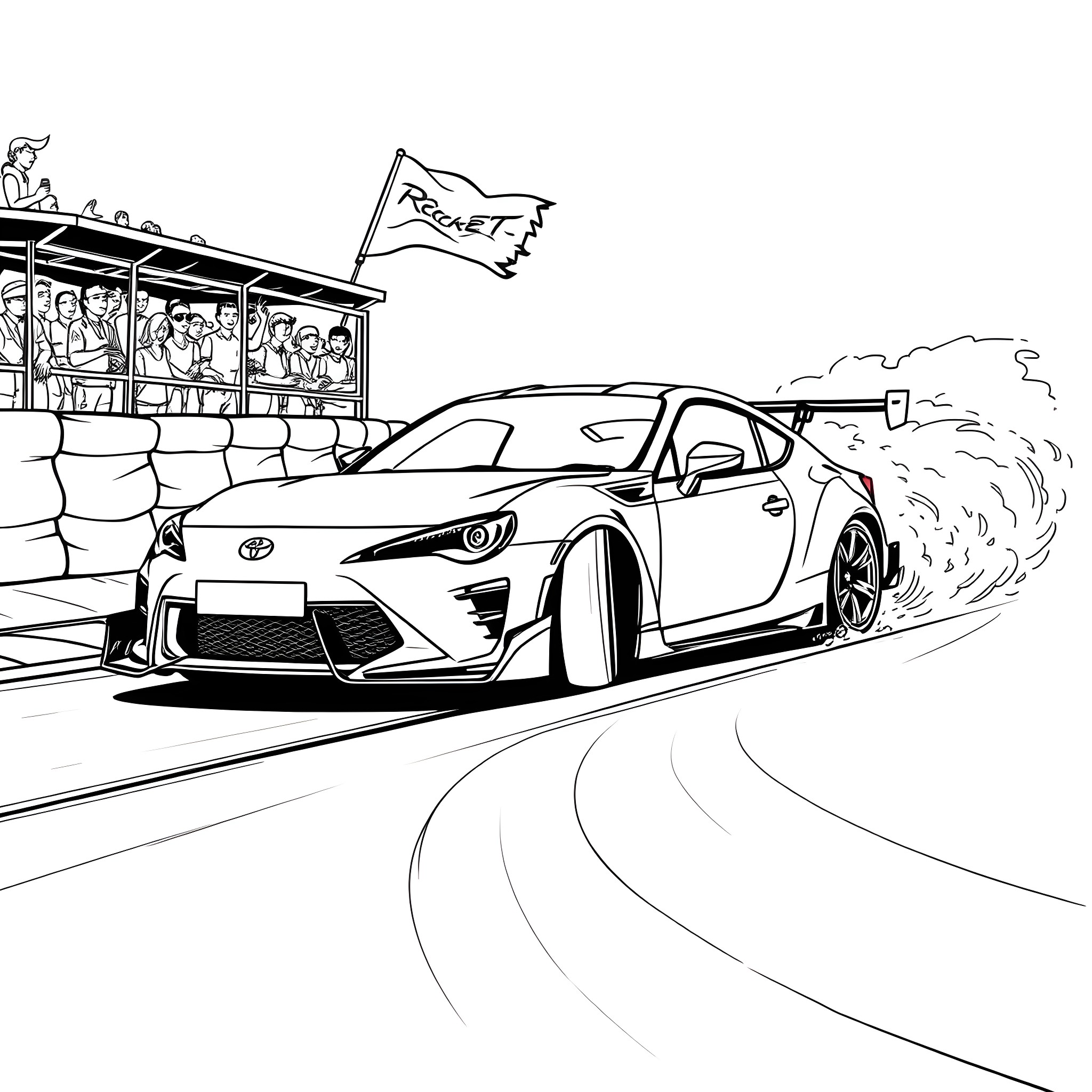 Toyota sports car racing on track with spectators Coloring Page (free black-and-white line drawing printable PDF for all, from beginners to advanced learners, including children, teens, adults, and seniors)