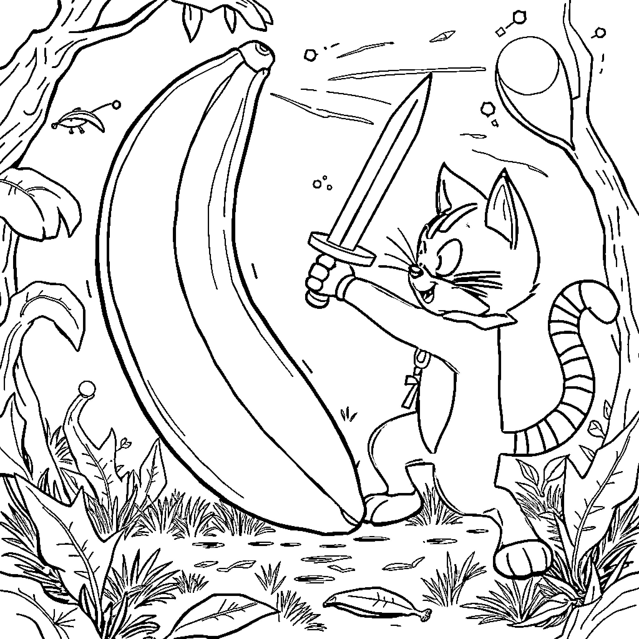 Puss in Boots swashbuckling in the enchanted forest Coloring Page (free black-and-white line drawing printable PDF for all, from beginners to advanced learners, including children, teens, adults, and seniors)