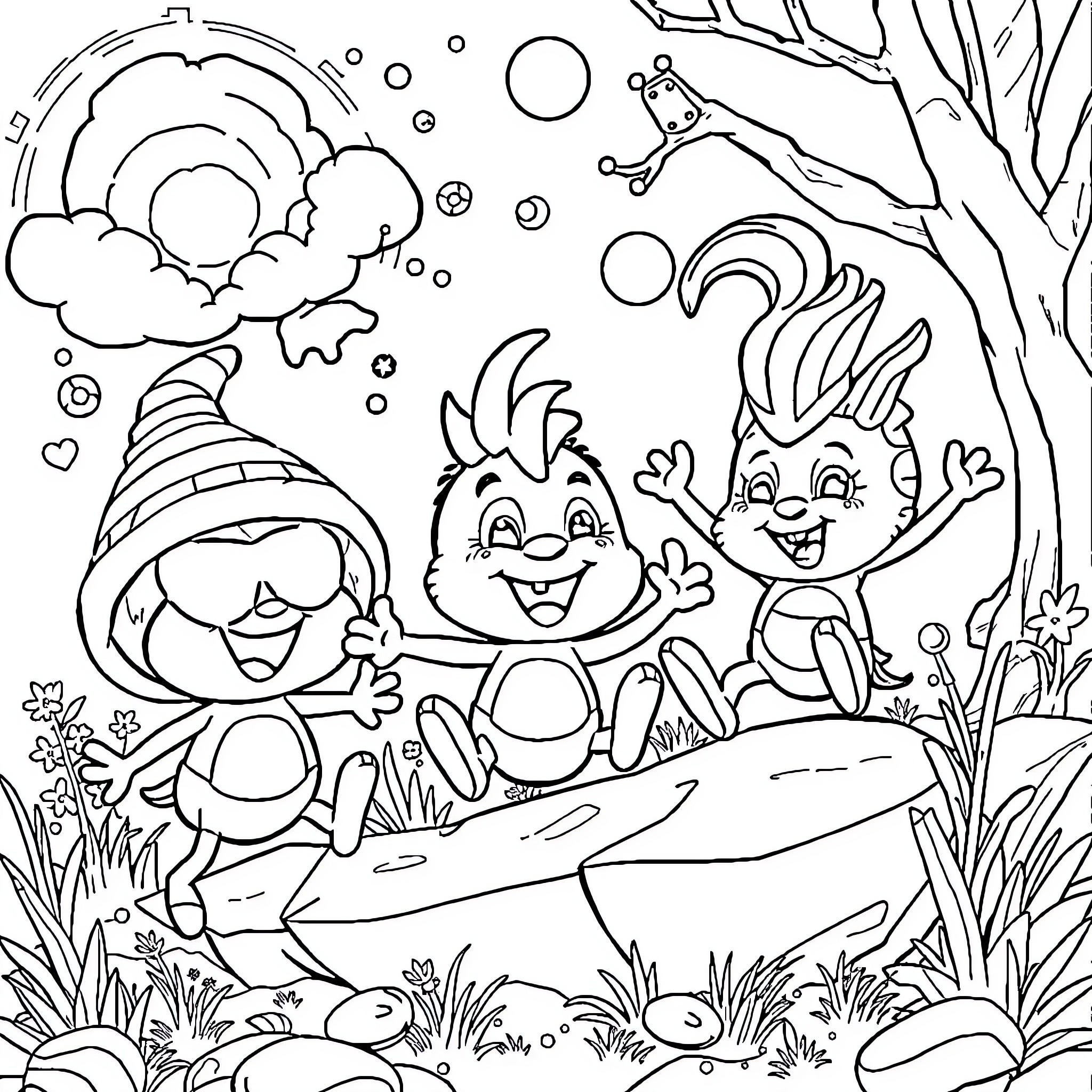 Sprunkie's Whimsical Adventure in the Enchanted Forest Coloring Page (free black-and-white line drawing printable PDF for all, from beginners to advanced learners, including children, teens, adults, and seniors)