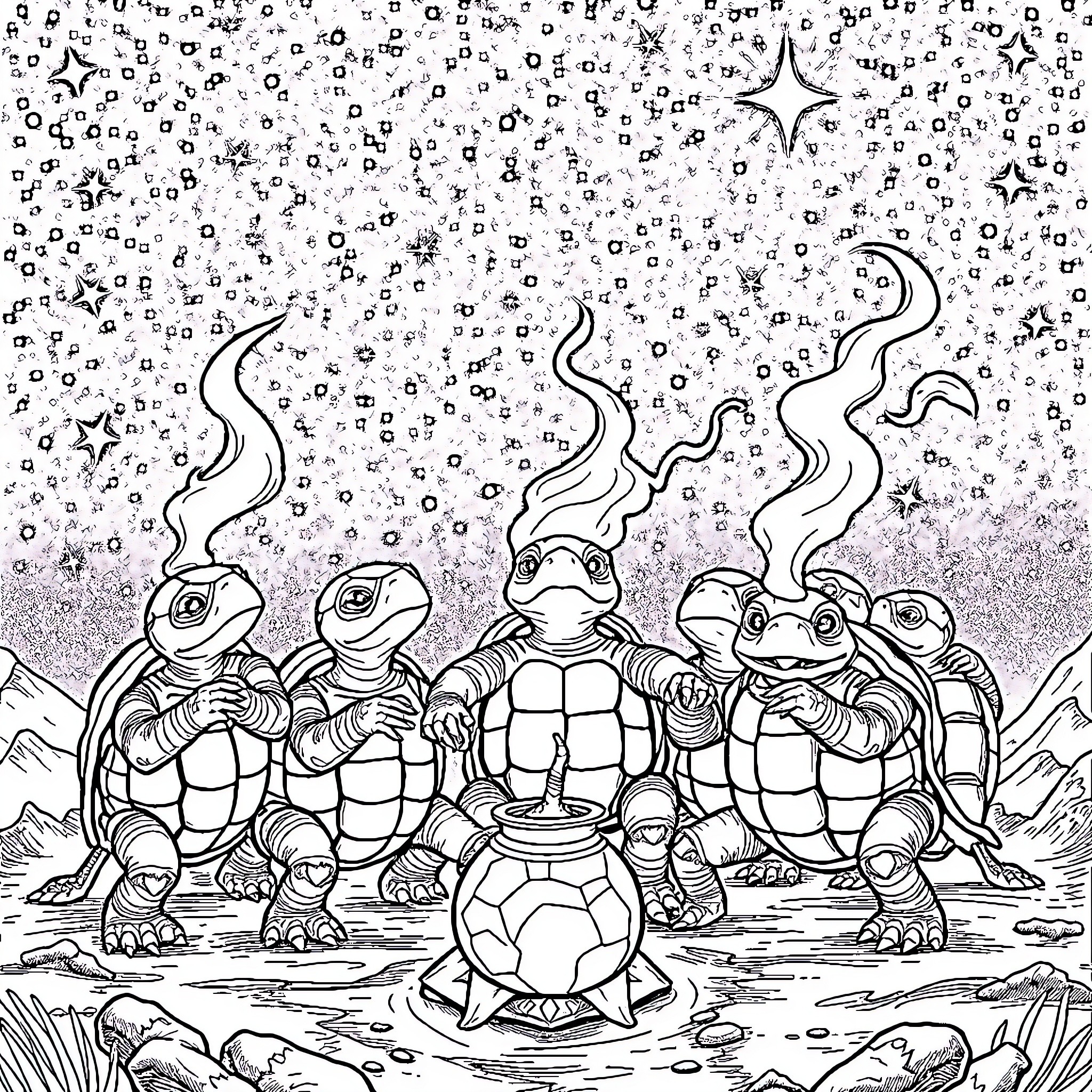 Turtle friends enjoying a starry night Coloring Page (free black-and-white line drawing printable PDF for all, from beginners to advanced learners, including children, teens, adults, and seniors)