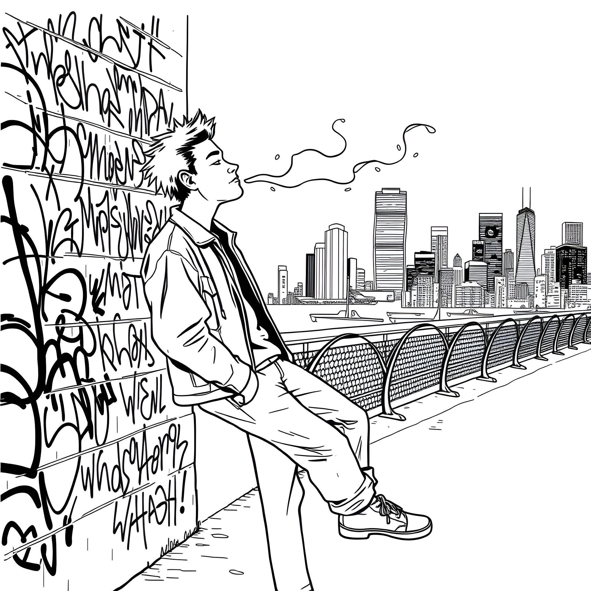 Guy contemplating the city skyline Coloring Page (free black-and-white line drawing printable PDF for all, from beginners to advanced learners, including children, teens, adults, and seniors)