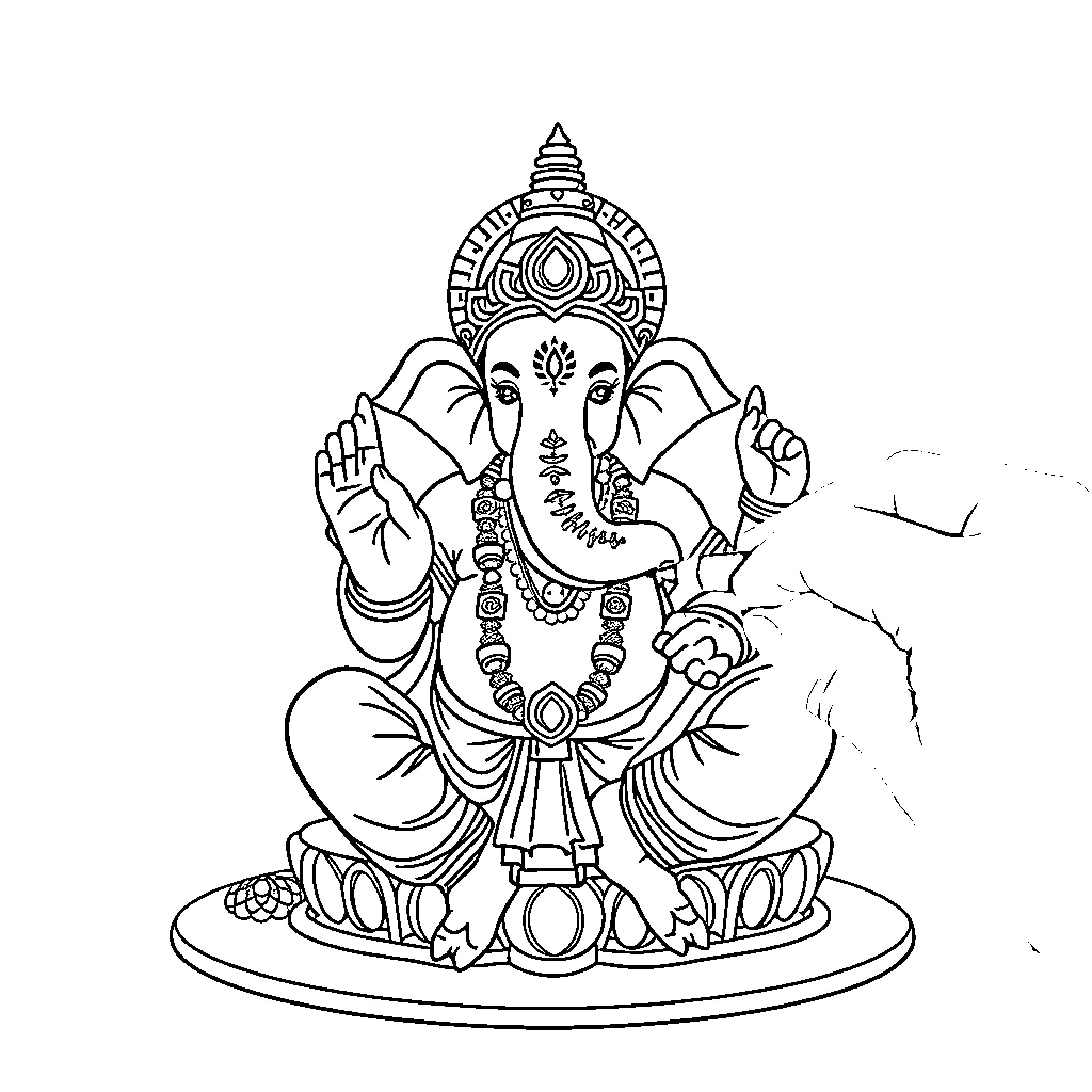 Ganpati seated in a meditative pose Coloring Page (free black-and-white line drawing printable PDF for all, from beginners to advanced learners, including children, teens, adults, and seniors)