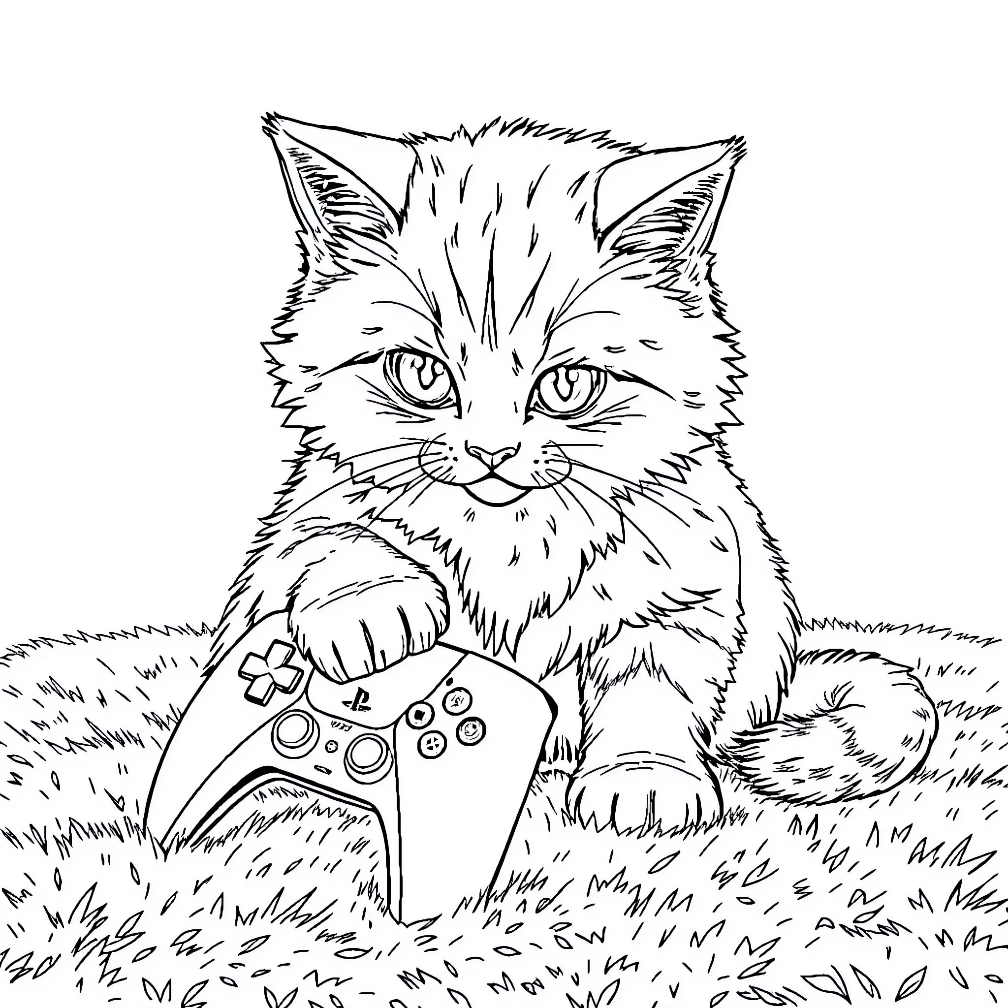 Cat Playing with Video Game Controller Coloring Page (free black-and-white line drawing printable PDF for all, from beginners to advanced learners, including children, teens, adults, and seniors)