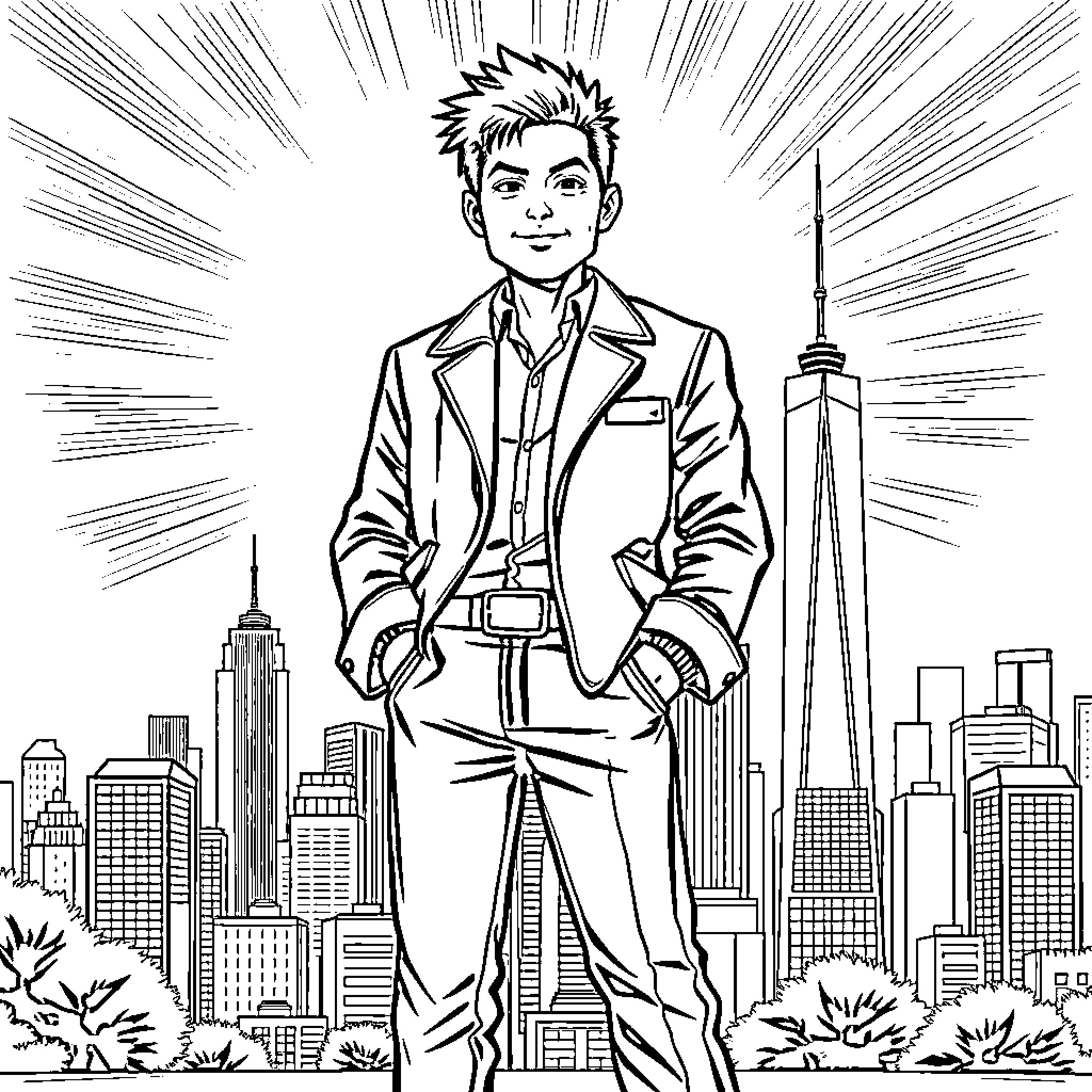 Joe Hitachi's confident stance in the city Coloring Page (free black-and-white line drawing printable PDF for all, from beginners to advanced learners, including children, teens, adults, and seniors)