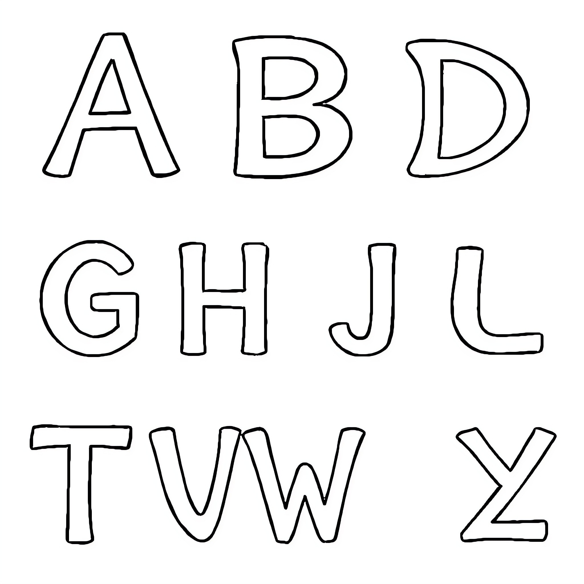 Alphabet letters in simple black and white design Coloring Page (free black-and-white line drawing printable PDF for all, from beginners to advanced learners, including children, teens, adults, and seniors)