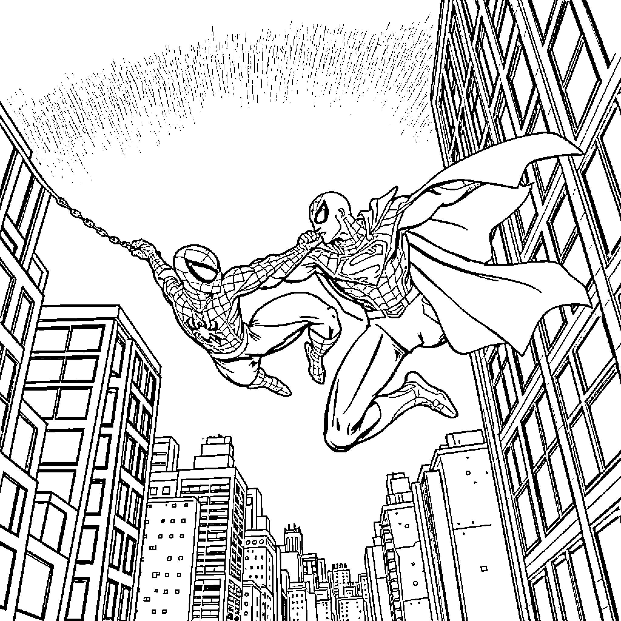 Spiderman swinging heroically through the city skyline Coloring Page (free black-and-white line drawing printable PDF for all, from beginners to advanced learners, including children, teens, adults, and seniors)