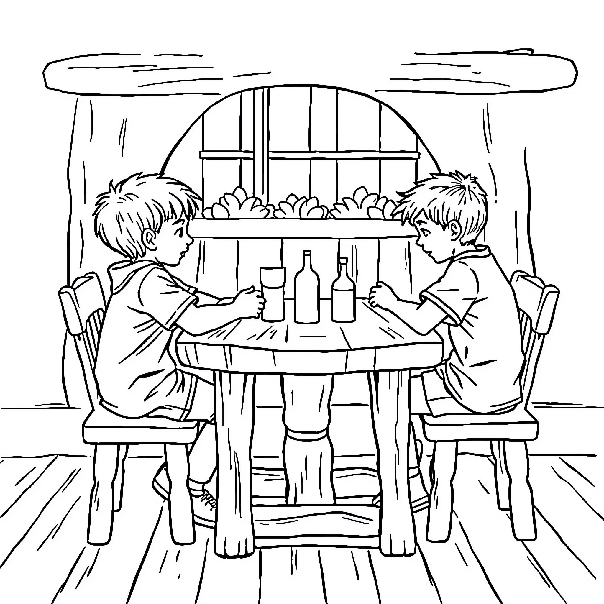 Children Enjoying a Meal Together Coloring Page (free black-and-white line drawing printable PDF for all, from beginners to advanced learners, including children, teens, adults, and seniors)