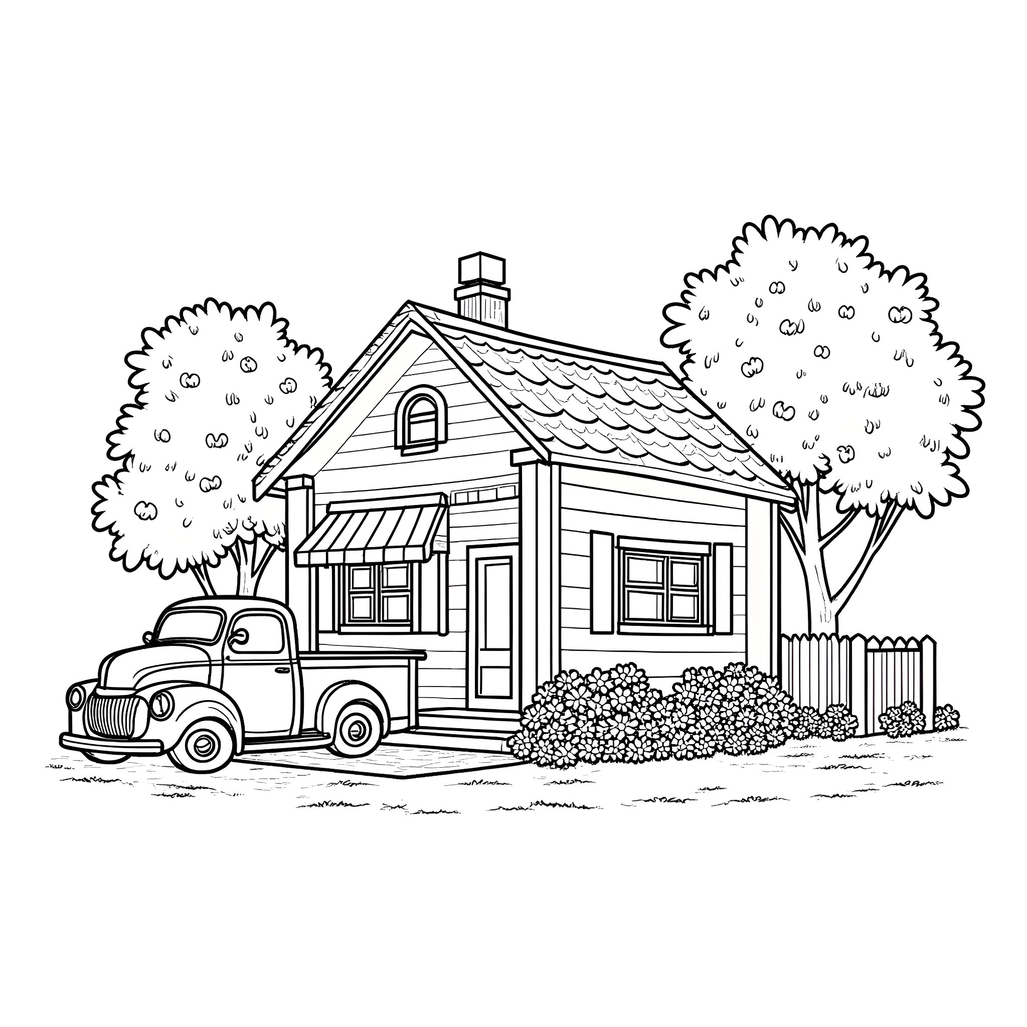 House with Old Truck in the Front Yard Coloring Page (free black-and-white line drawing printable PDF for all, from beginners to advanced learners, including children, teens, adults, and seniors)