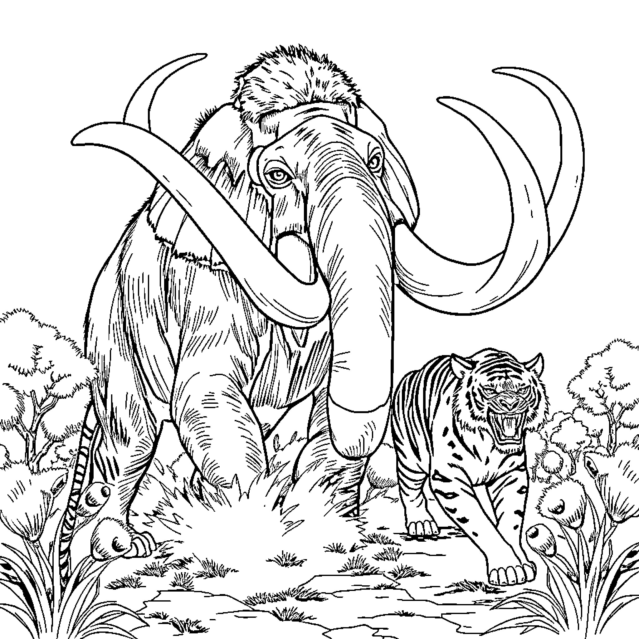 Mastodon and Tiger in Prehistoric Landscape Coloring Page (free black-and-white line drawing printable PDF for all, from beginners to advanced learners, including children, teens, adults, and seniors)