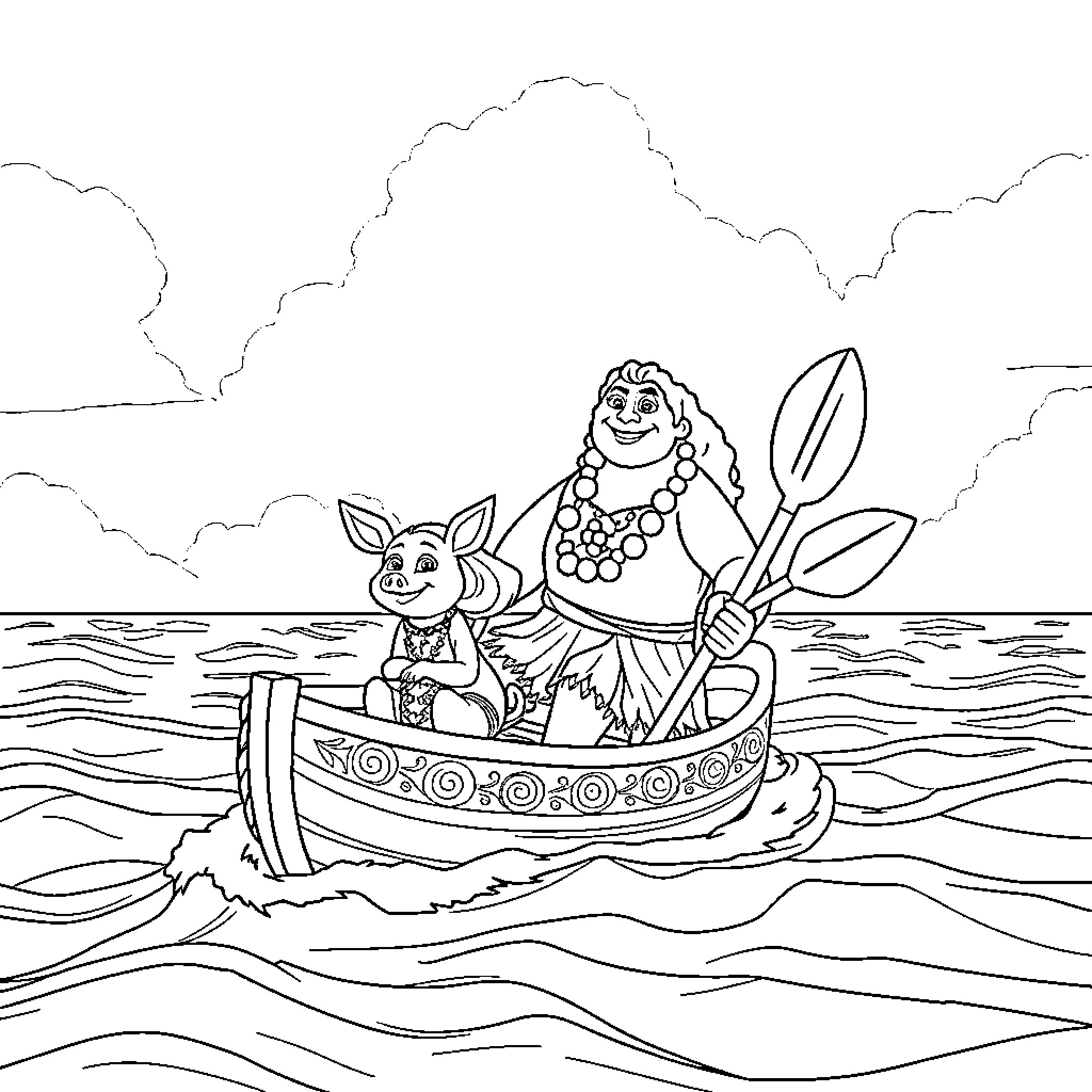 Moana and Pua paddling in the ocean Coloring Page (free black-and-white line drawing printable PDF for all, from beginners to advanced learners, including children, teens, adults, and seniors)