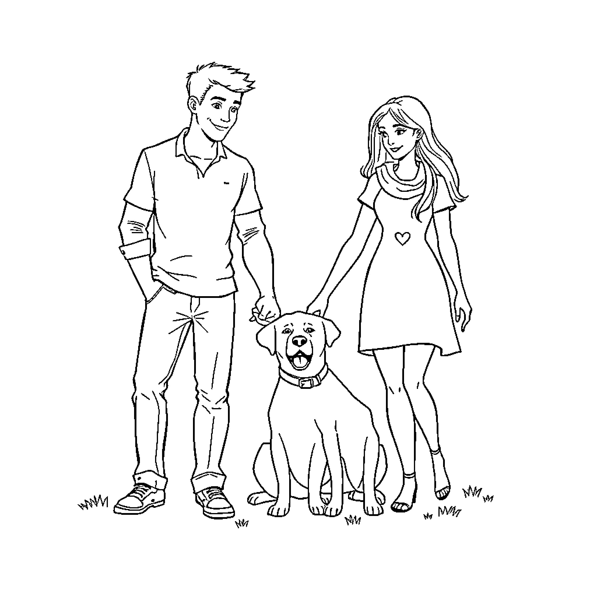 Family Enjoying Outdoor Adventure with Pet Coloring Page (free black-and-white line drawing printable PDF for all, from beginners to advanced learners, including children, teens, adults, and seniors)