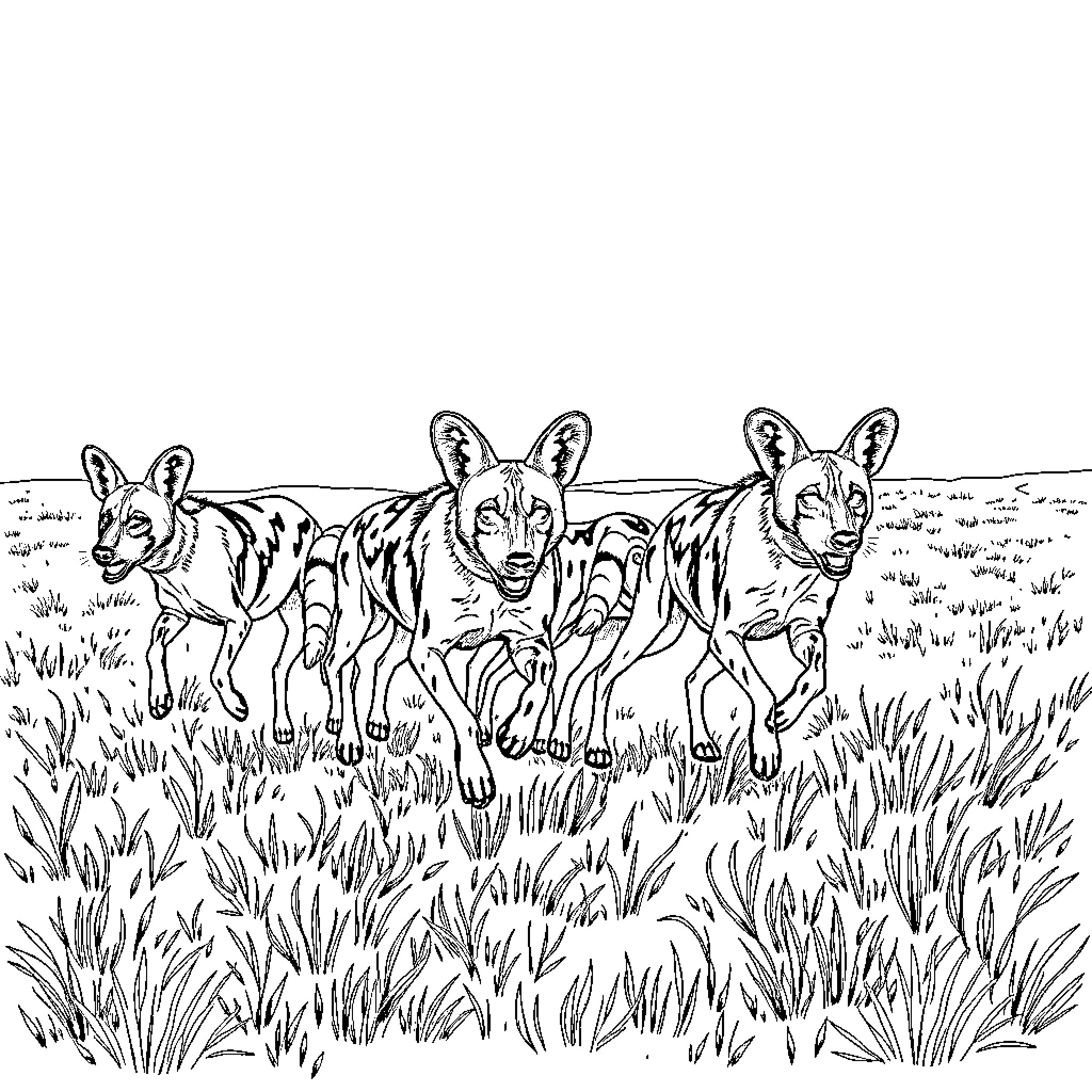 African Wild Dogs Exploring the Grasslands Coloring Page (free black-and-white line drawing printable PDF for all, from beginners to advanced learners, including children, teens, adults, and seniors)
