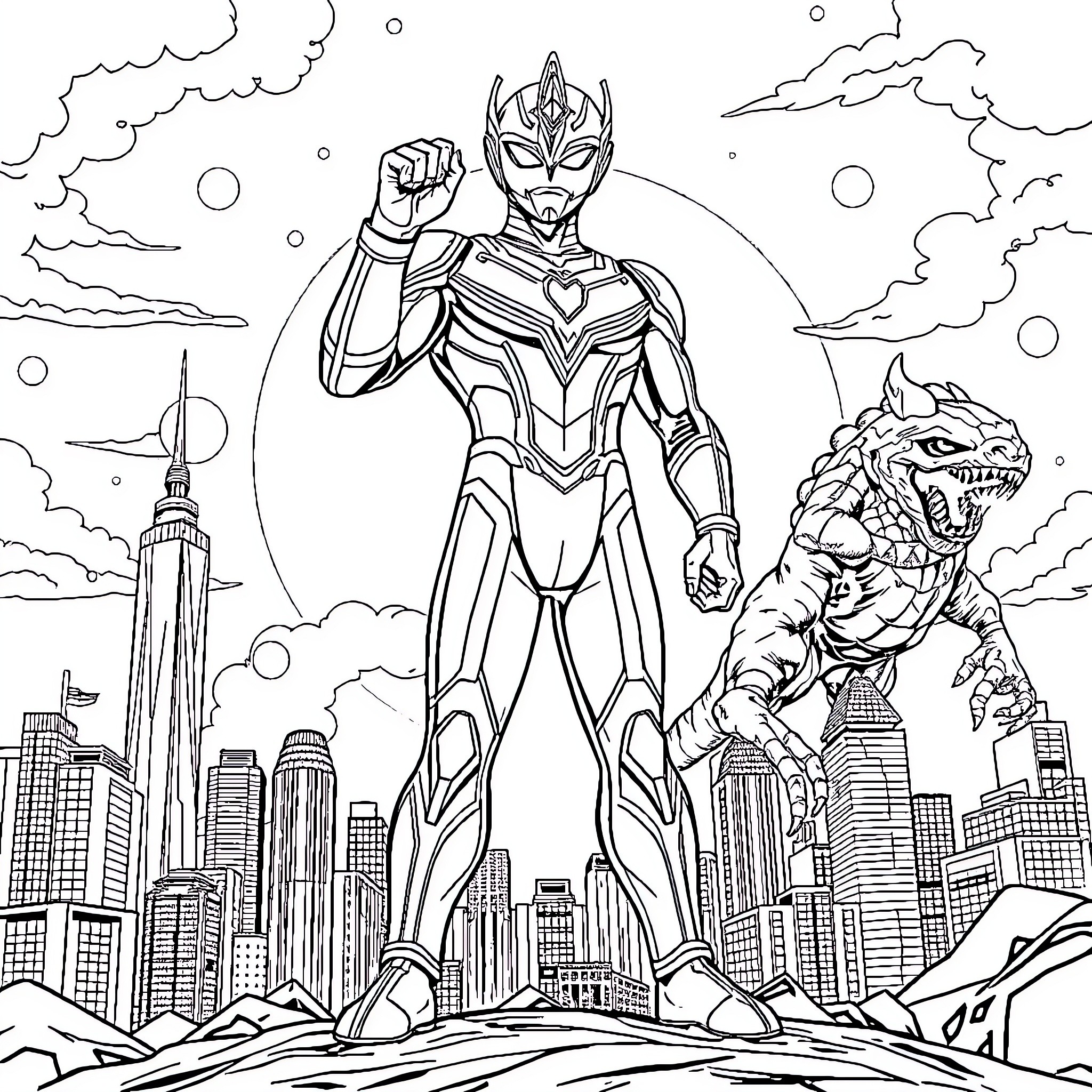 Ultraman confronts a monstrous foe in the city Coloring Page (free black-and-white line drawing printable PDF for all, from beginners to advanced learners, including children, teens, adults, and seniors)