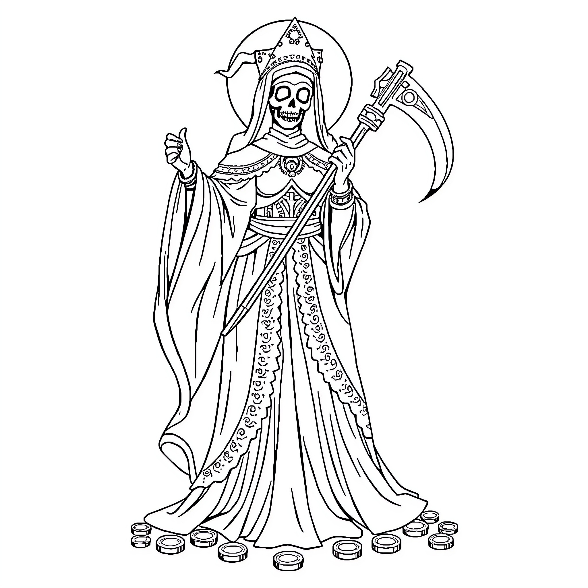 Santa Muerte wielding scythe and symbols Coloring Page (free black-and-white line drawing printable PDF for all, from beginners to advanced learners, including children, teens, adults, and seniors)