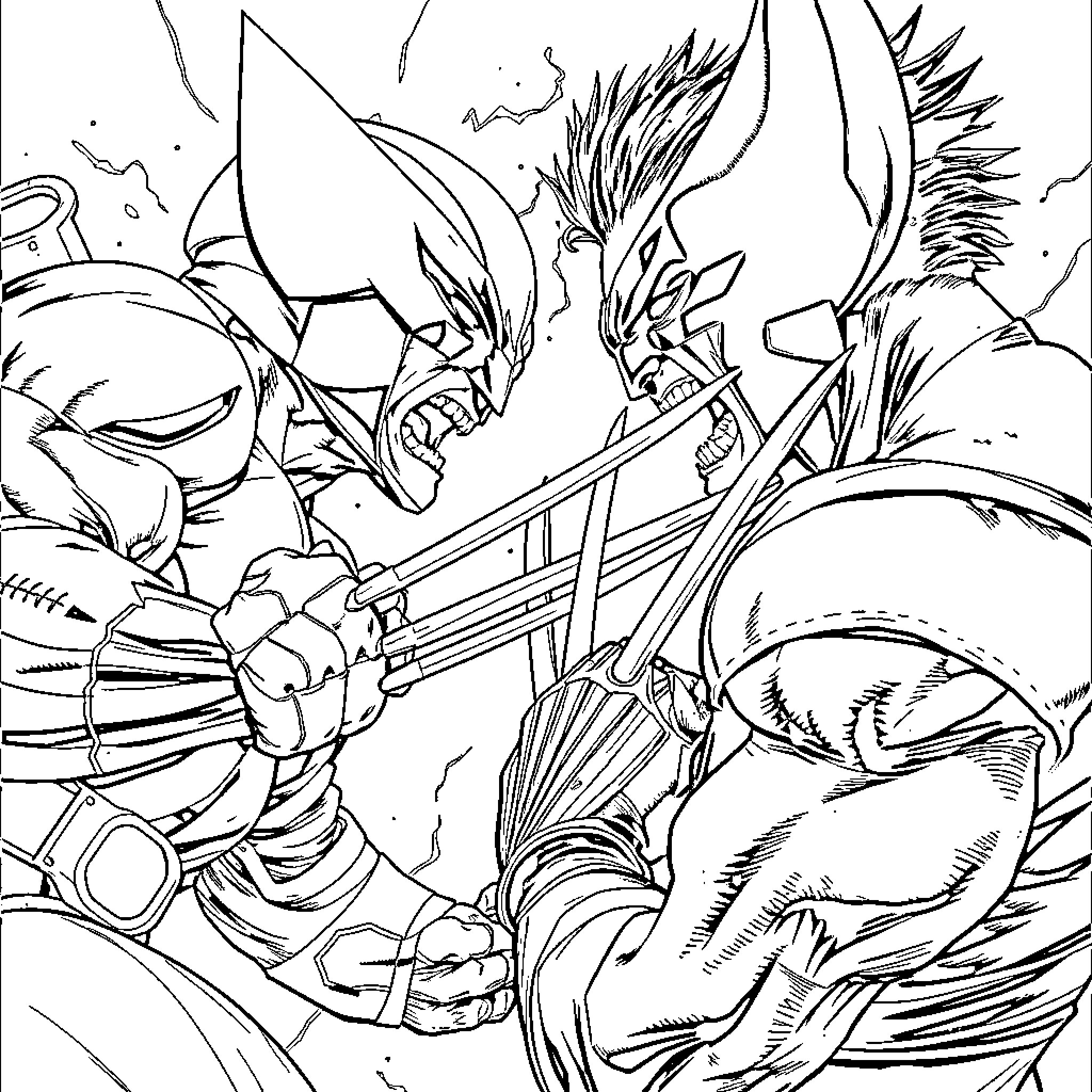 Cable characters clashing in fierce battle Coloring Page (free black-and-white line drawing printable PDF for all, from beginners to advanced learners, including children, teens, adults, and seniors)