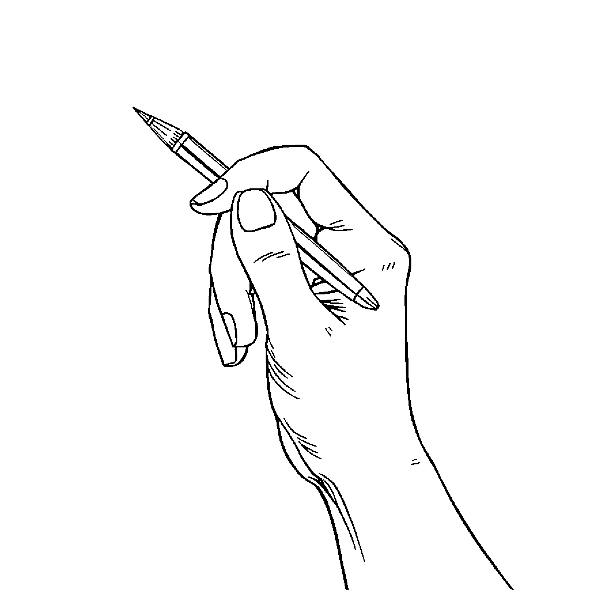 Hand holding a pen in a creative gesture Coloring Page (free black-and-white line drawing printable PDF for all, from beginners to advanced learners, including children, teens, adults, and seniors)