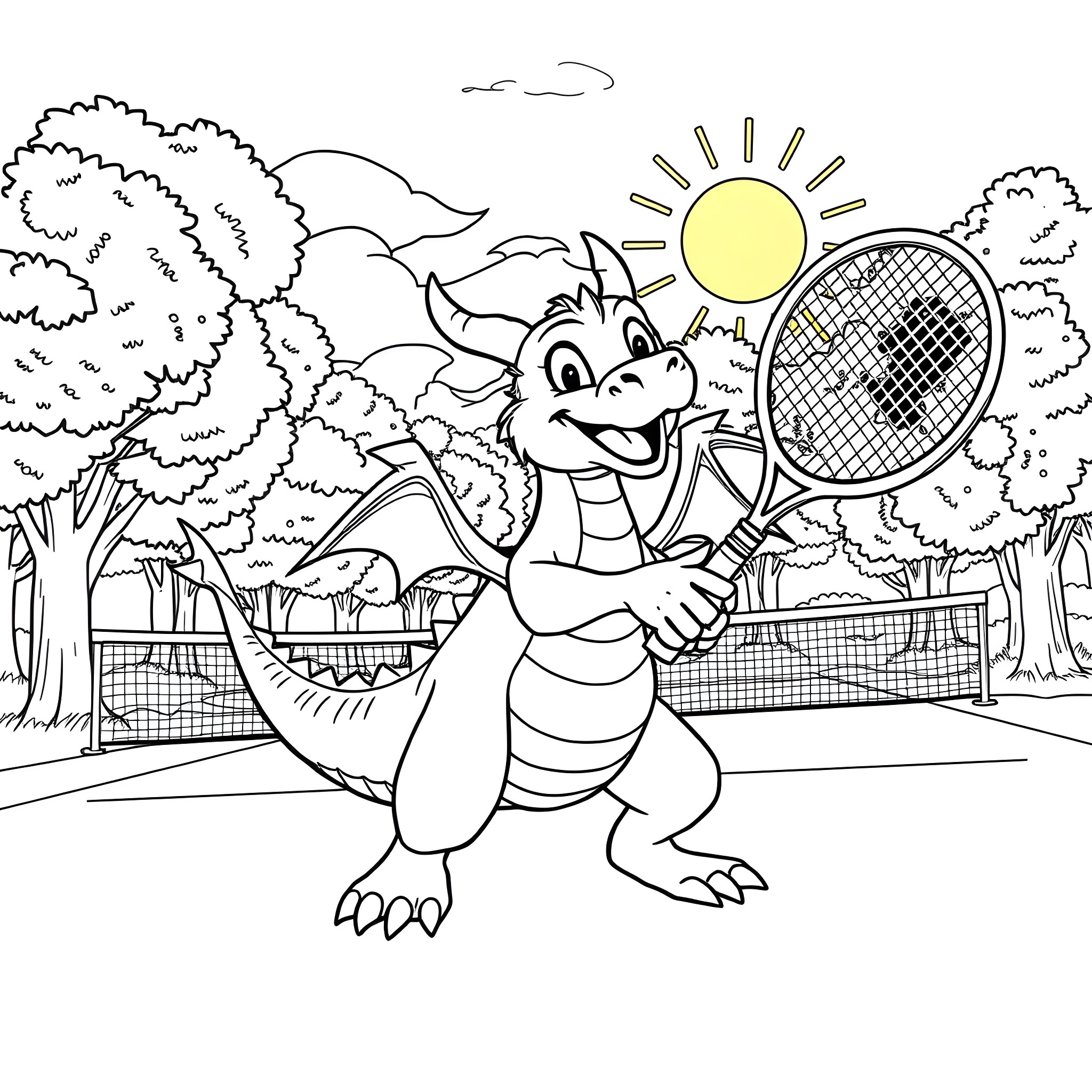 Dragon playing tennis in the park Coloring Page (free black-and-white line drawing printable PDF for all, from beginners to advanced learners, including children, teens, adults, and seniors)