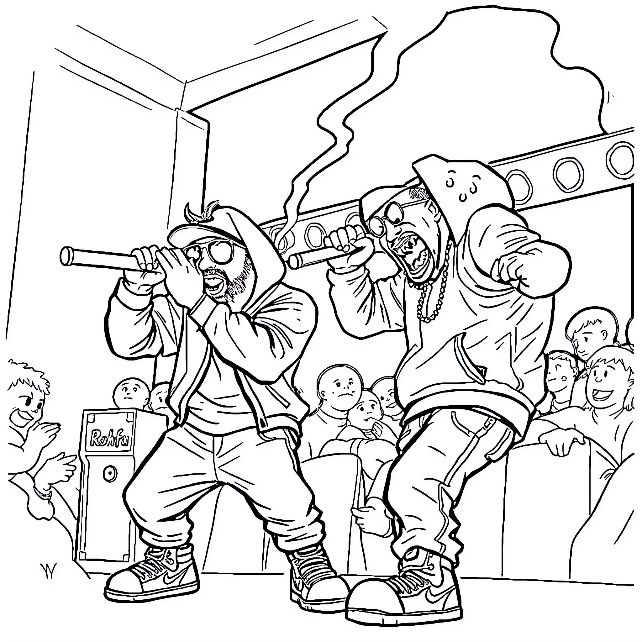 Rohff performing on stage with backup dancers Coloring Page (free black-and-white line drawing printable PDF for all, from beginners to advanced learners, including children, teens, adults, and seniors)