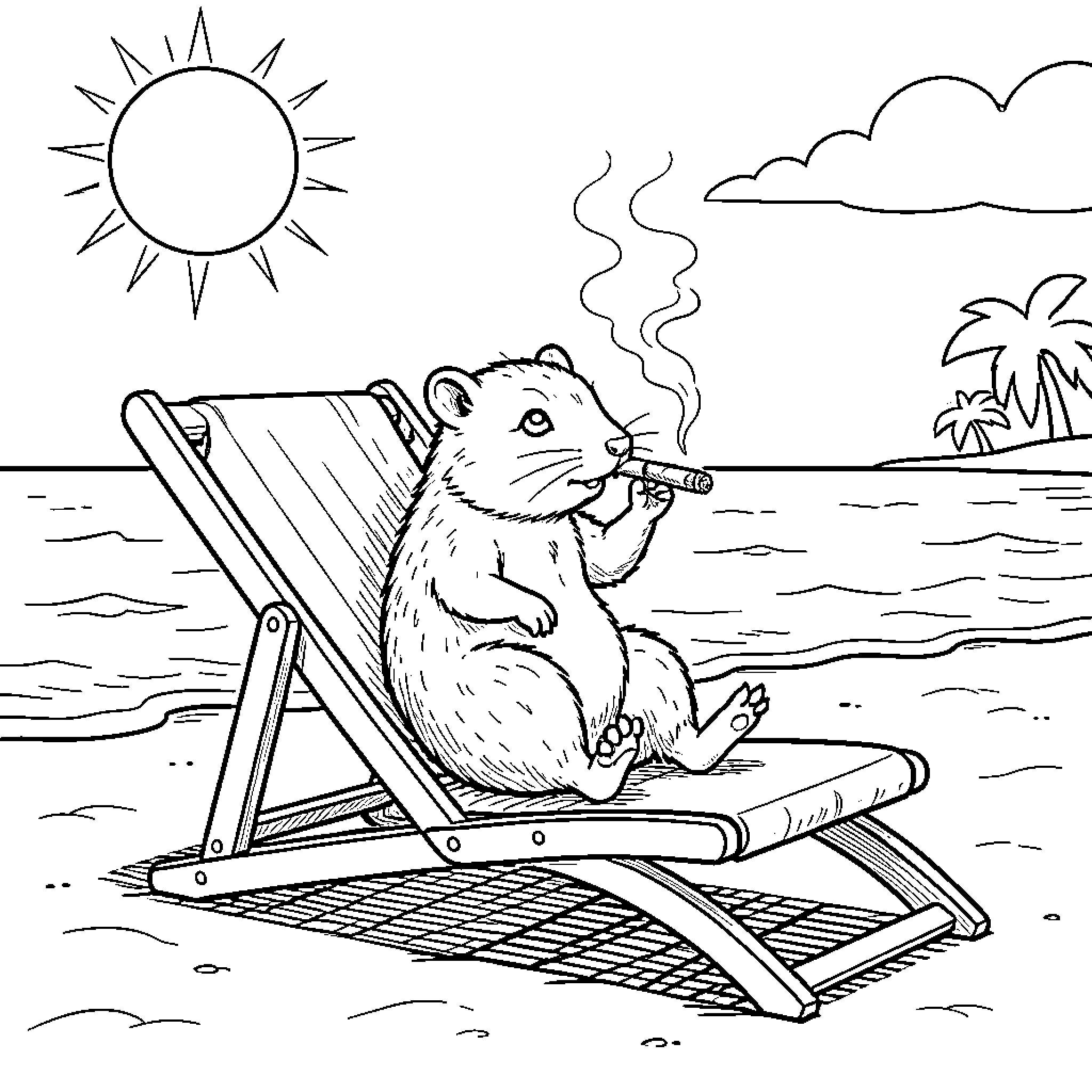 Zarigüeya relaxing on a beach chair Coloring Page (free black-and-white line drawing printable PDF for all, from beginners to advanced learners, including children, teens, adults, and seniors)