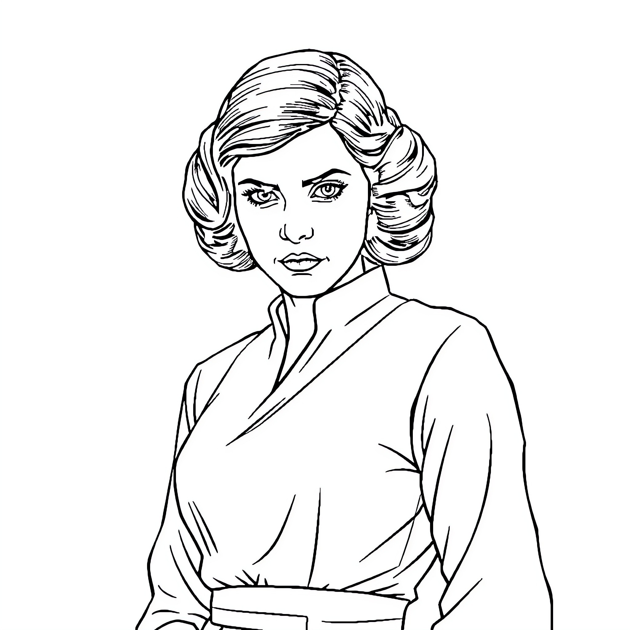 Princess Leia in a contemplative pose Coloring Page (free black-and-white line drawing printable PDF for all, from beginners to advanced learners, including children, teens, adults, and seniors)