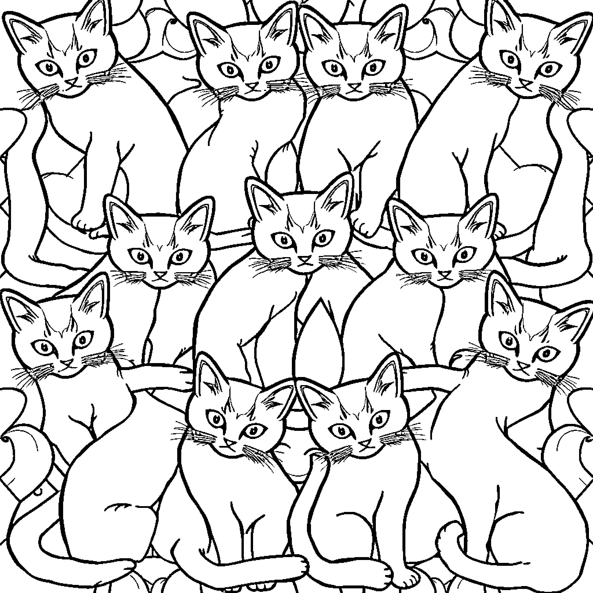Cats gathered in a group Coloring Page (free black-and-white line drawing printable PDF for all, from beginners to advanced learners, including children, teens, adults, and seniors)