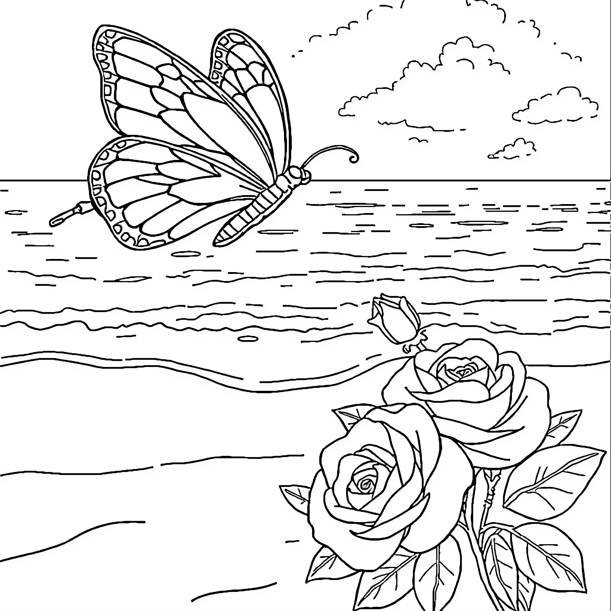 Butterfly floating above a rose garden Coloring Page (free black-and-white line drawing printable PDF for all, from beginners to advanced learners, including children, teens, adults, and seniors)