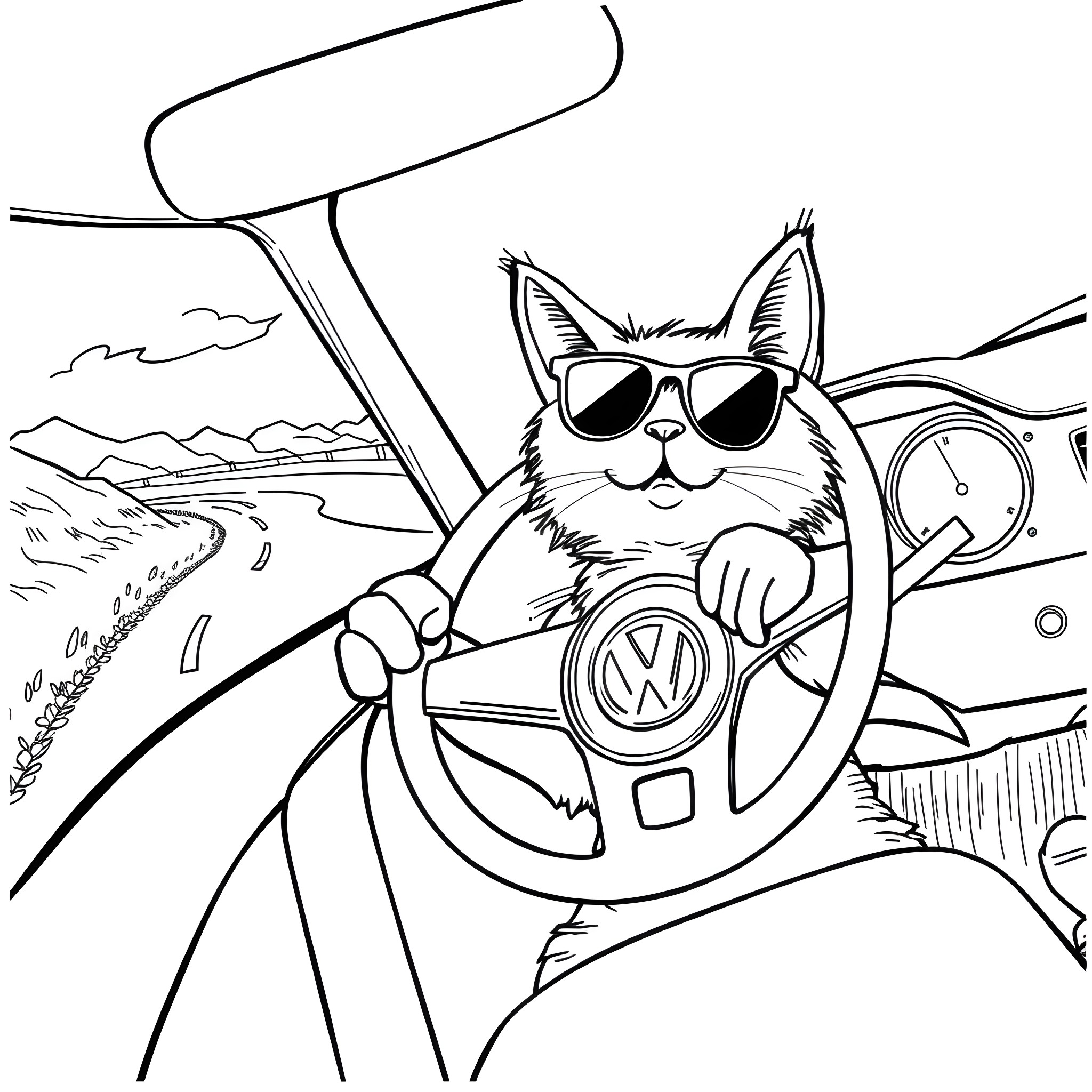 Cat driving a car with sunglasses Coloring Page (free black-and-white line drawing printable PDF for all, from beginners to advanced learners, including children, teens, adults, and seniors)