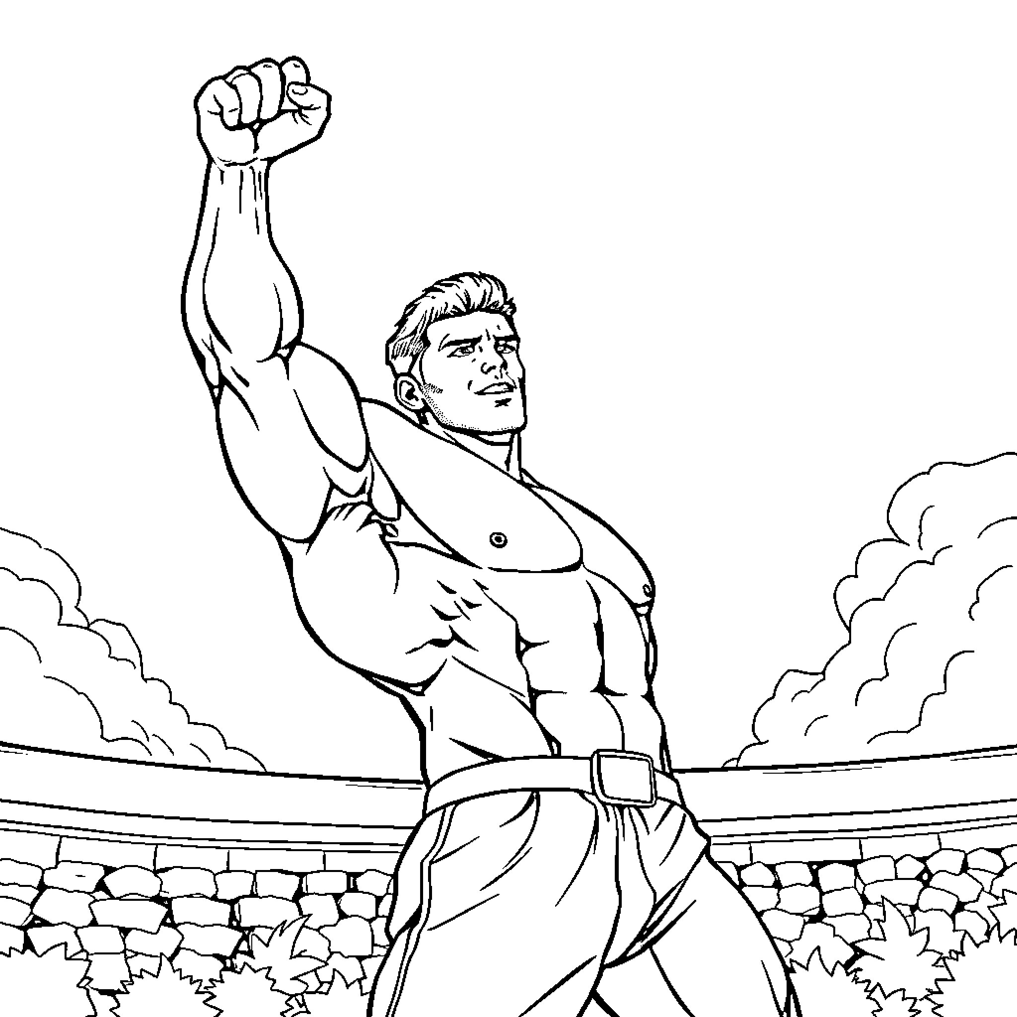 Guy flexing muscular body in triumphant pose Coloring Page (free black-and-white line drawing printable PDF for all, from beginners to advanced learners, including children, teens, adults, and seniors)