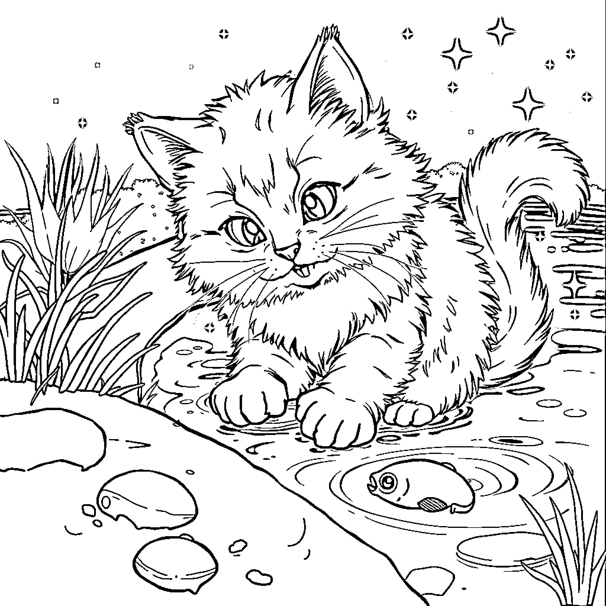 Kitty Playing in the Moonlit Garden Coloring Page (free black-and-white line drawing printable PDF for all, from beginners to advanced learners, including children, teens, adults, and seniors)