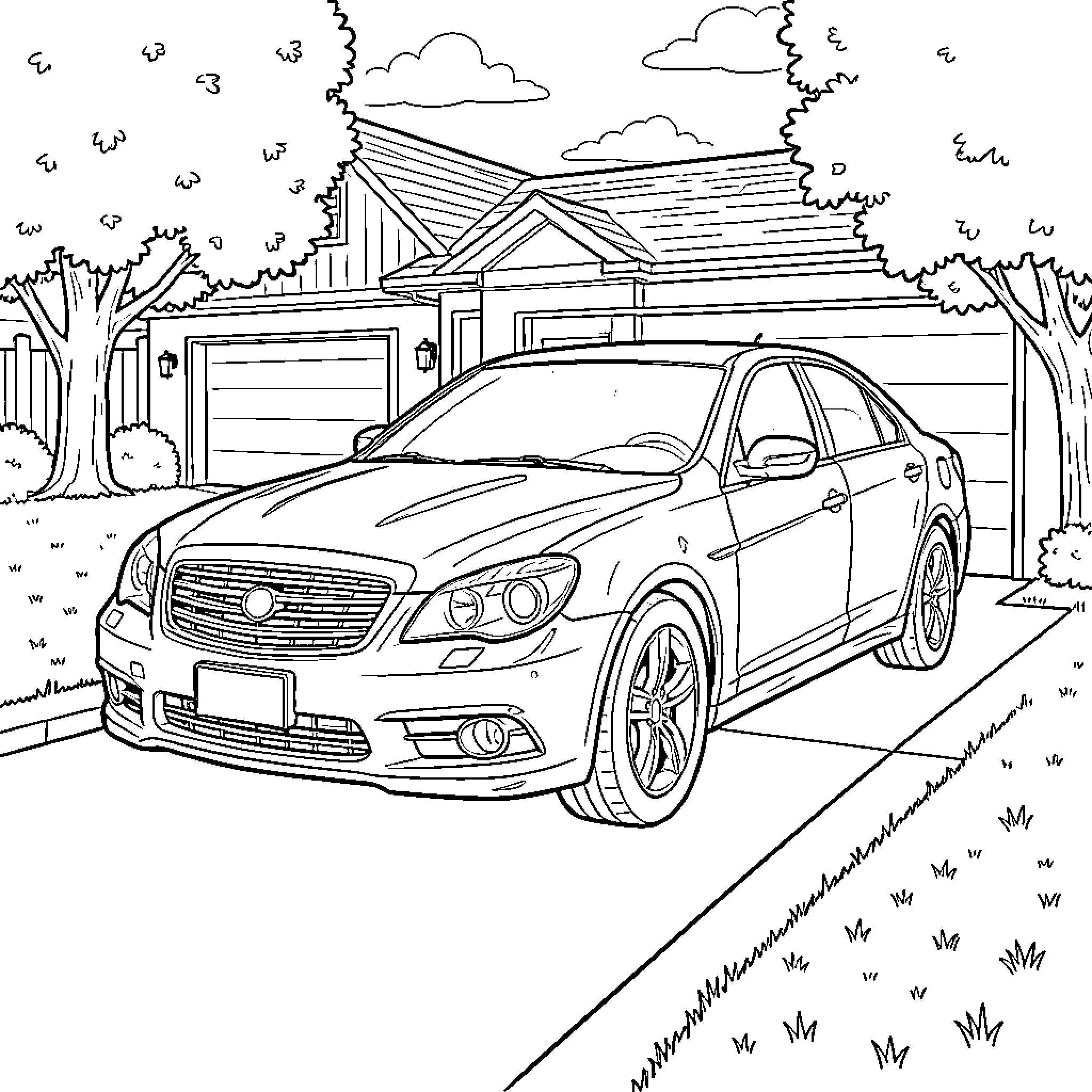 Car parked in front of a residential house Coloring Page (free black-and-white line drawing printable PDF for all, from beginners to advanced learners, including children, teens, adults, and seniors)