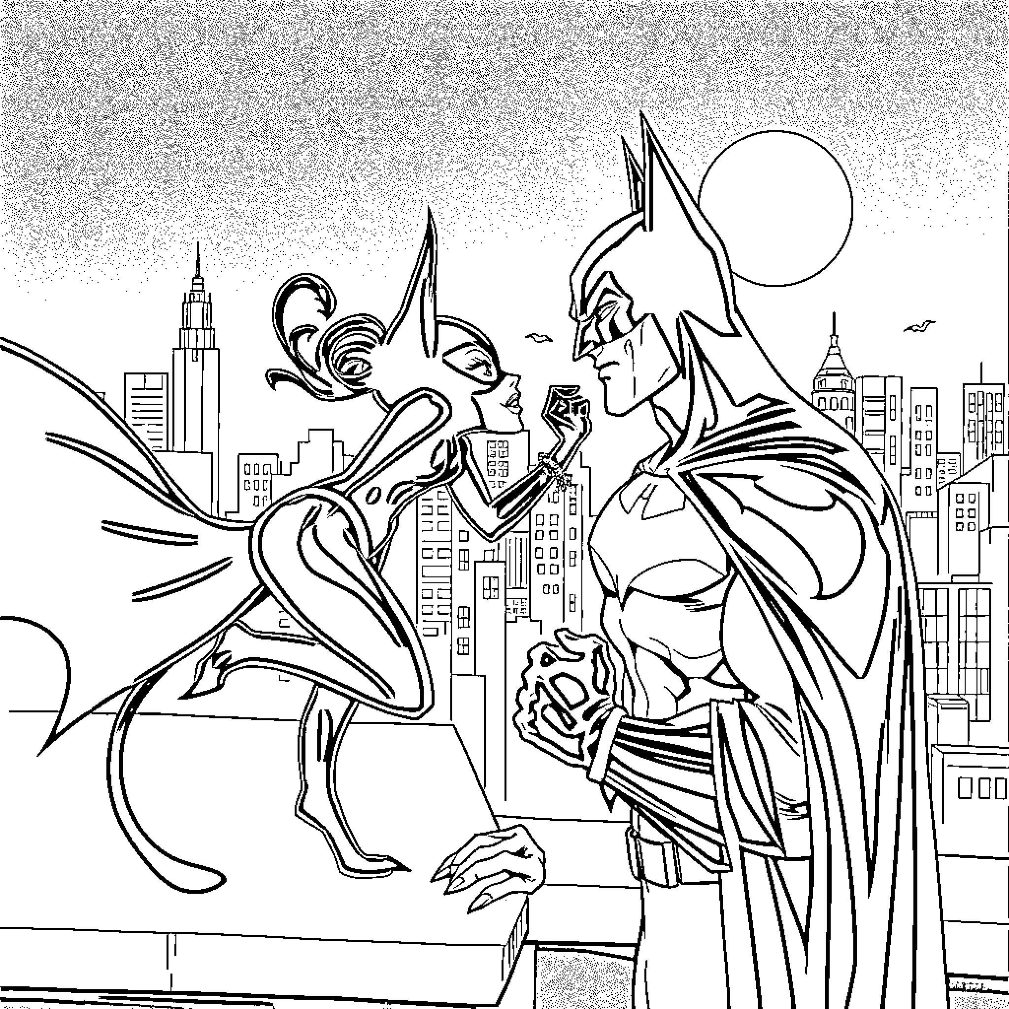 Cat Woman Confronts Batman in the City Coloring Page (free black-and-white line drawing printable PDF for all, from beginners to advanced learners, including children, teens, adults, and seniors)