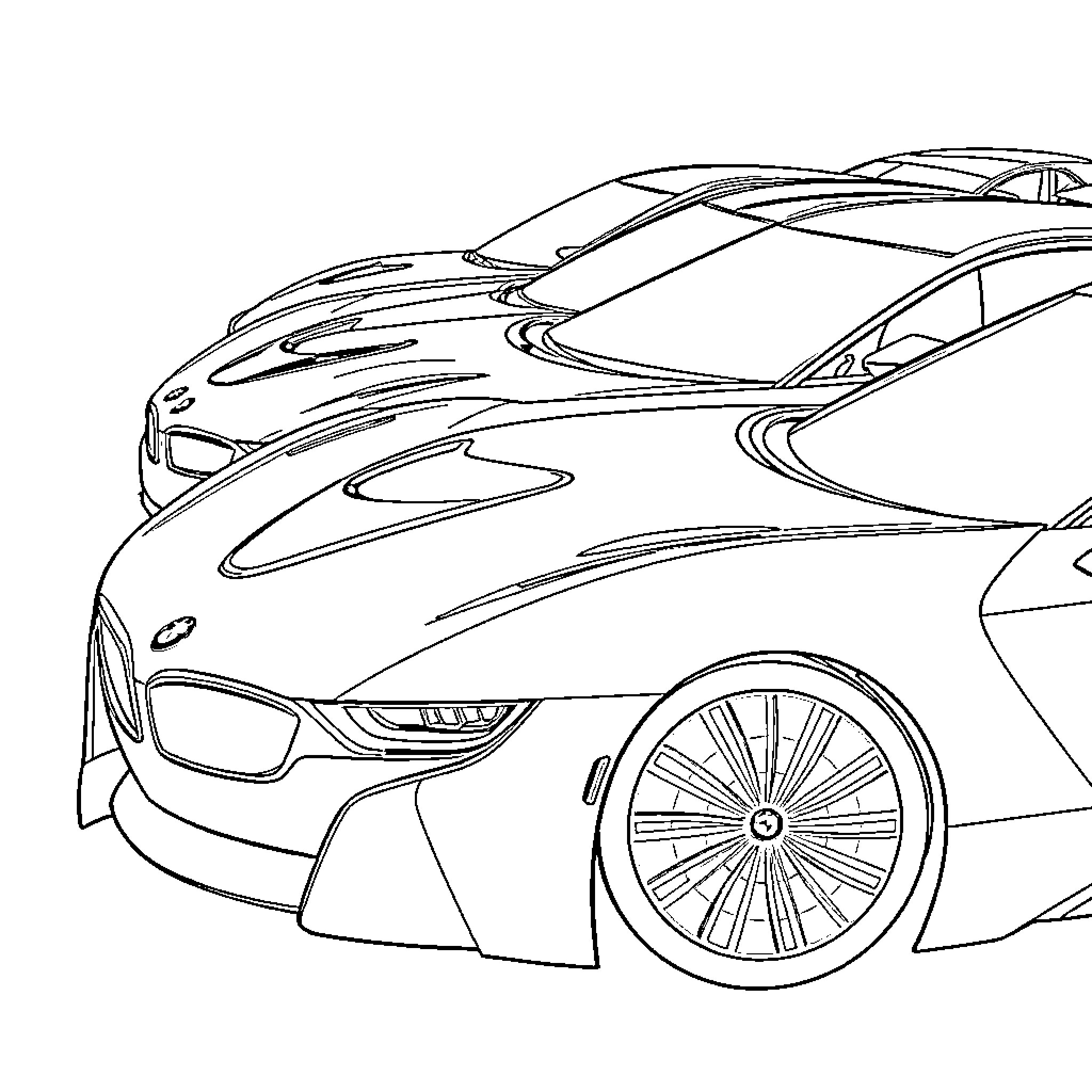 BMW Racing Sports Car with Sleek Design Coloring Page (free black-and-white line drawing printable PDF for all, from beginners to advanced learners, including children, teens, adults, and seniors)
