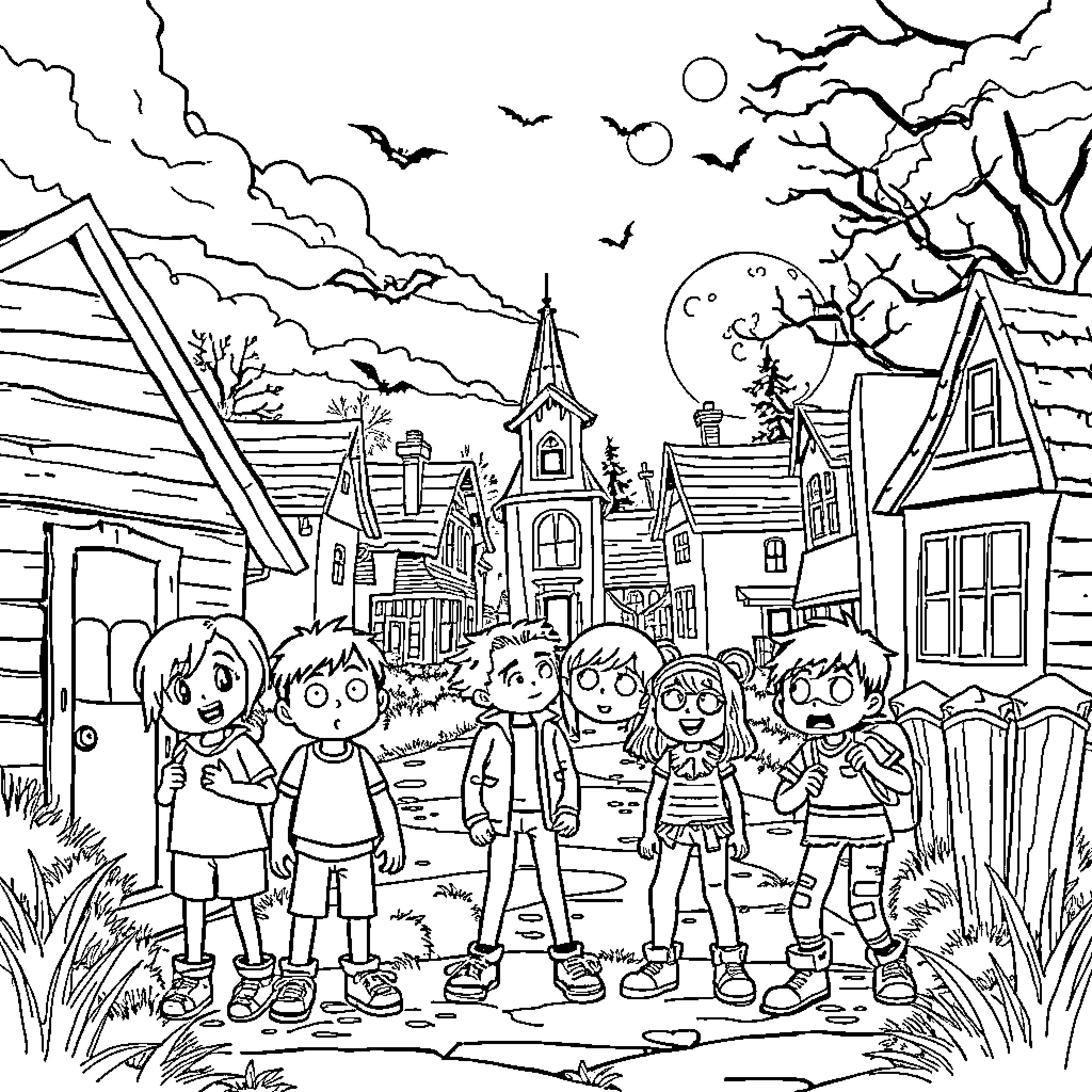 Stranger Things: Kids Exploring Spooky Small Town Coloring Page (free black-and-white line drawing printable PDF for all, from beginners to advanced learners, including children, teens, adults, and seniors)