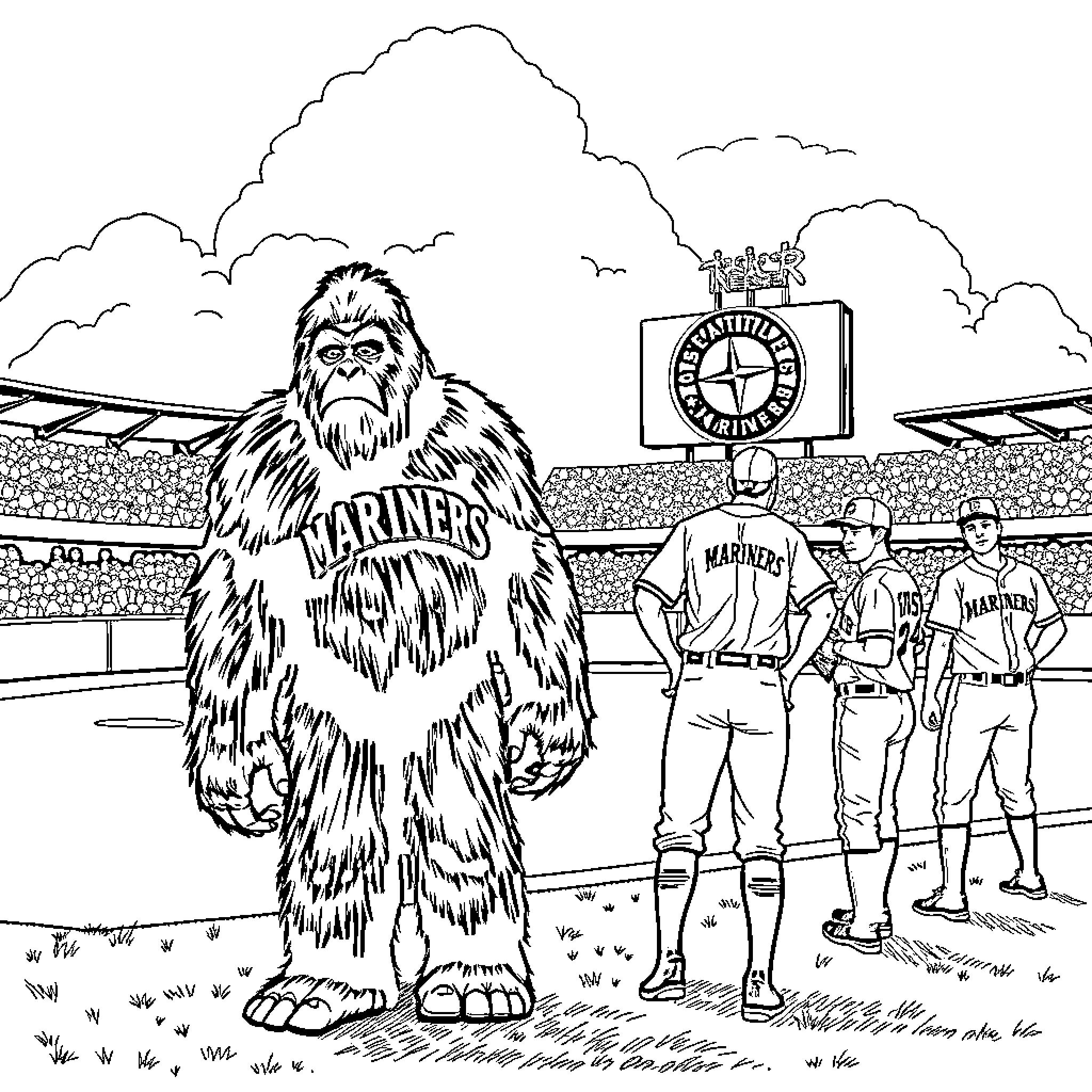 Bigfoot at the Mariners Baseball Game Coloring Page (free black-and-white line drawing printable PDF for all, from beginners to advanced learners, including children, teens, adults, and seniors)