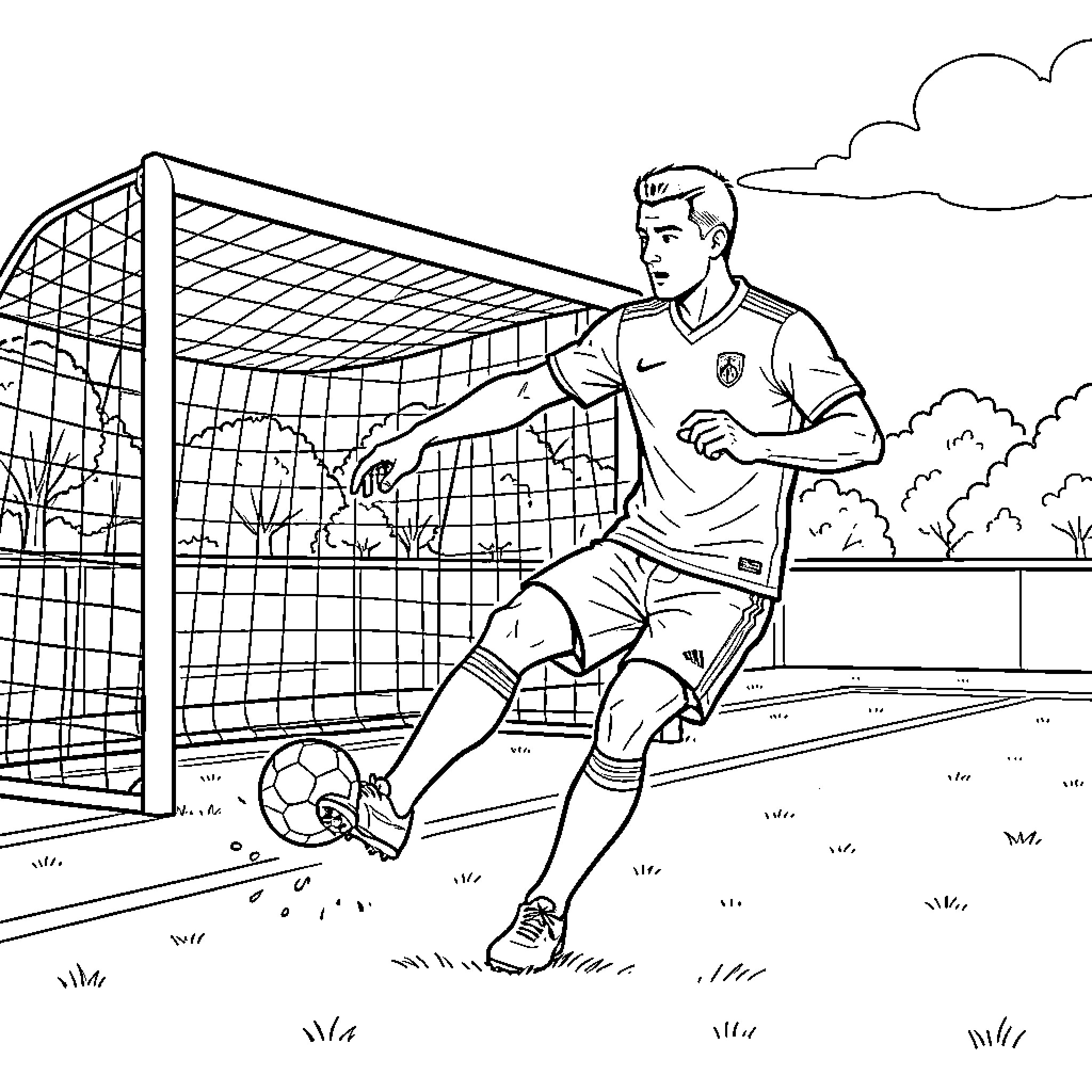 Nick Daicos kicking a soccer ball into the goal Coloring Page (free black-and-white line drawing printable PDF for all, from beginners to advanced learners, including children, teens, adults, and seniors)