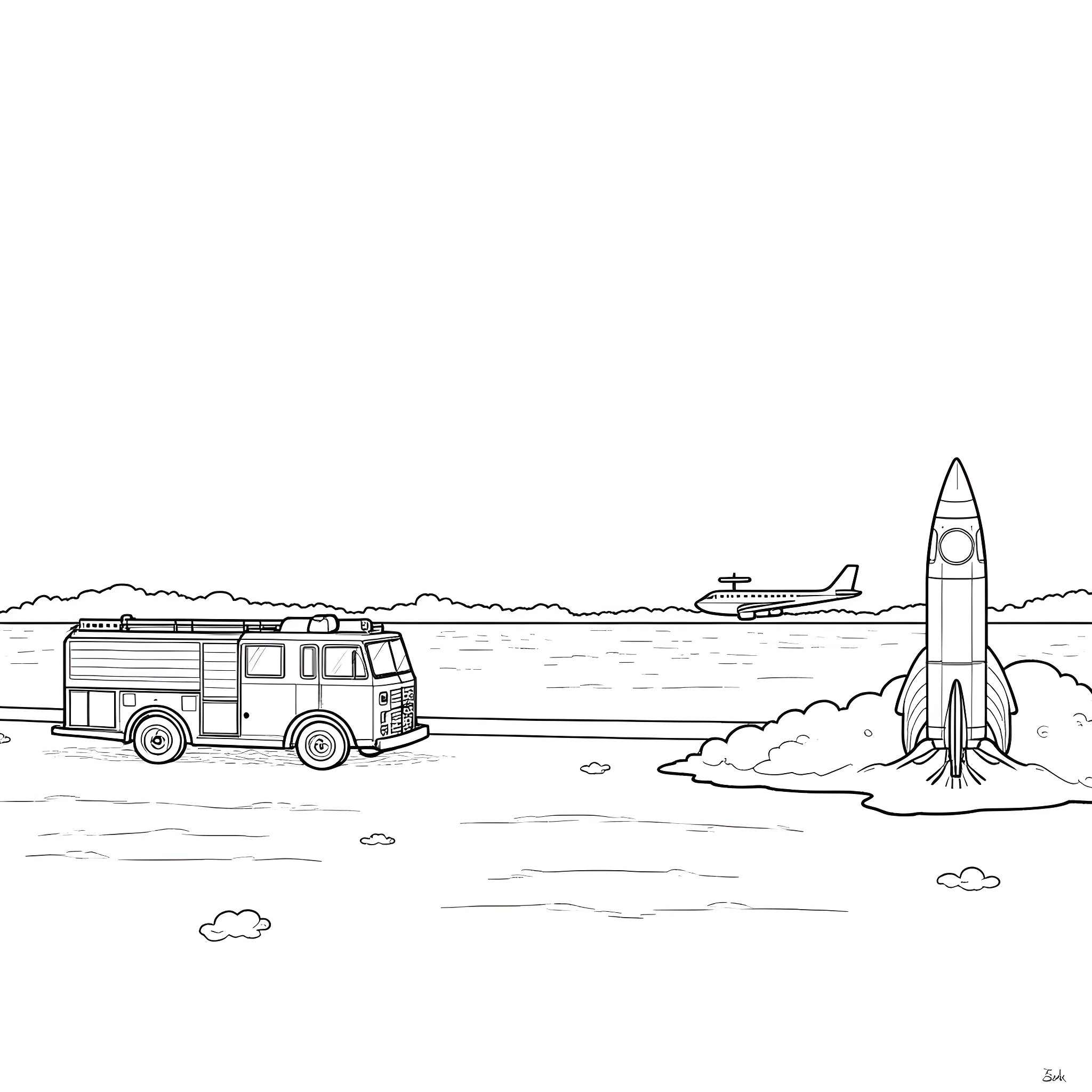 Firetruck responding to emergency rocket launch Coloring Page (free black-and-white line drawing printable PDF for all, from beginners to advanced learners, including children, teens, adults, and seniors)
