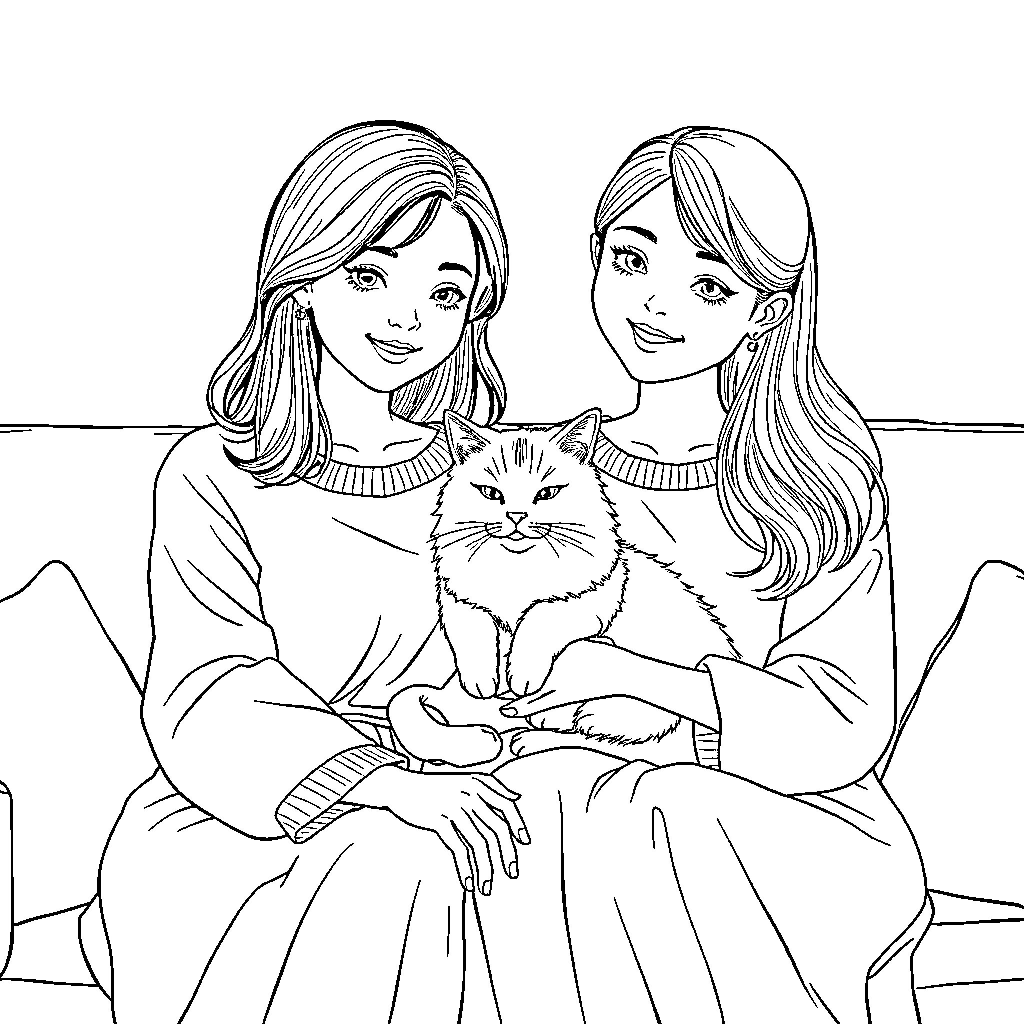 Cat Cuddled by Two Women in Cozy Embrace Coloring Page (free black-and-white line drawing printable PDF for all, from beginners to advanced learners, including children, teens, adults, and seniors)