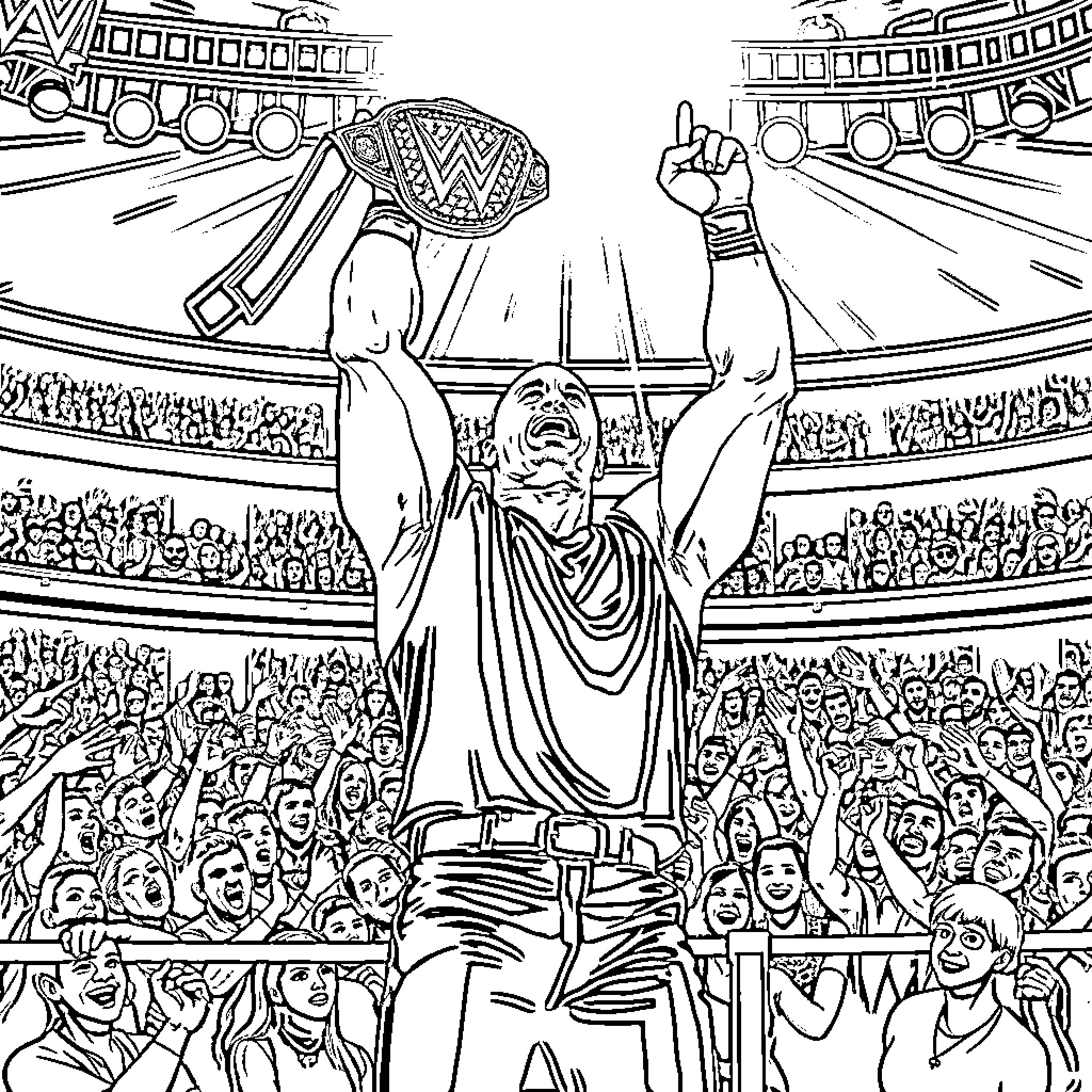 The Rock Electrifies Cheering Crowd in Dramatic Stadium Coloring Page (free black-and-white line drawing printable PDF for all, from beginners to advanced learners, including children, teens, adults, and seniors)