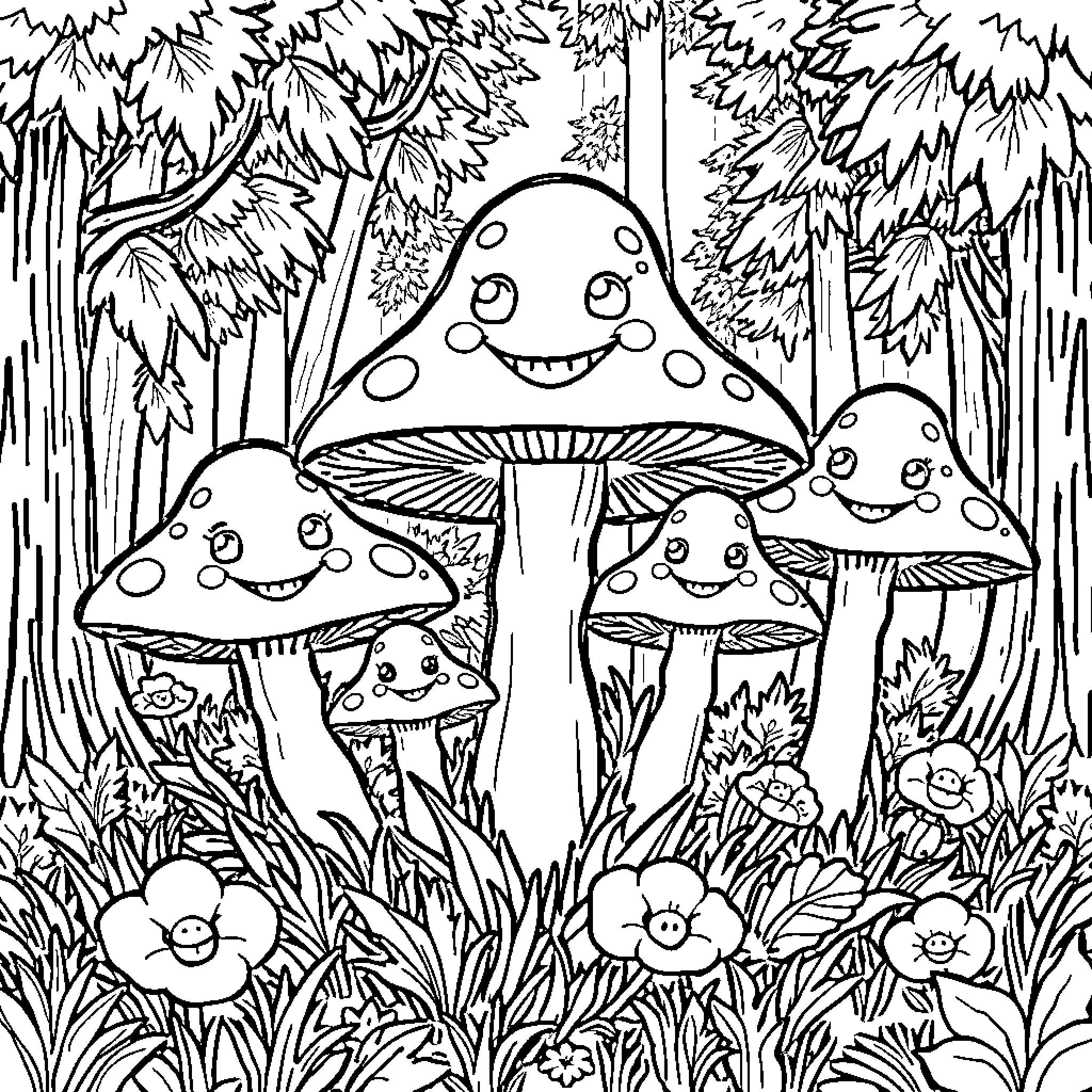 Mushroom family enjoying the forest scenery Coloring Page (free black-and-white line drawing printable PDF for all, from beginners to advanced learners, including children, teens, adults, and seniors)