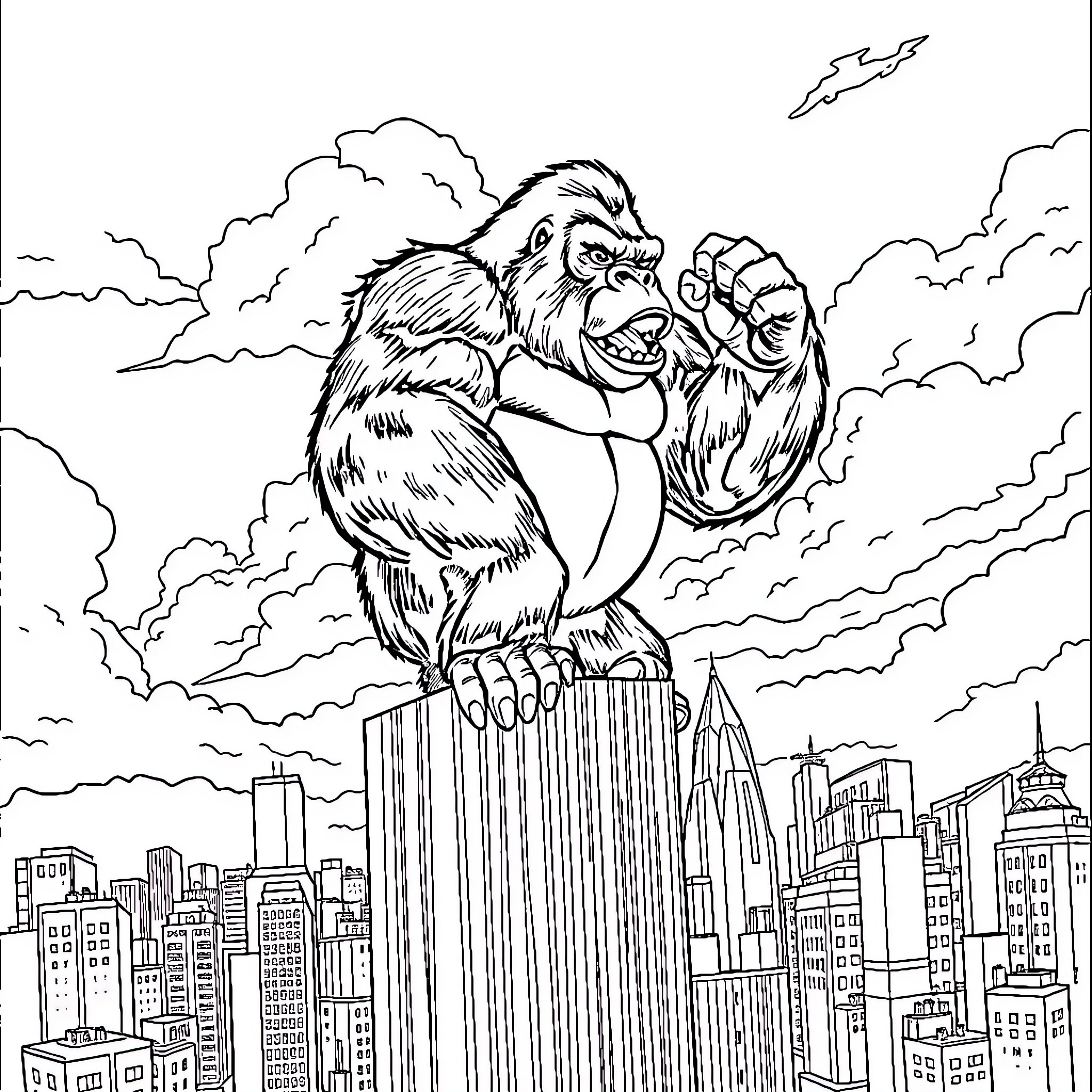 King Kong rampaging through the city skyline Coloring Page (free black-and-white line drawing printable PDF for all, from beginners to advanced learners, including children, teens, adults, and seniors)