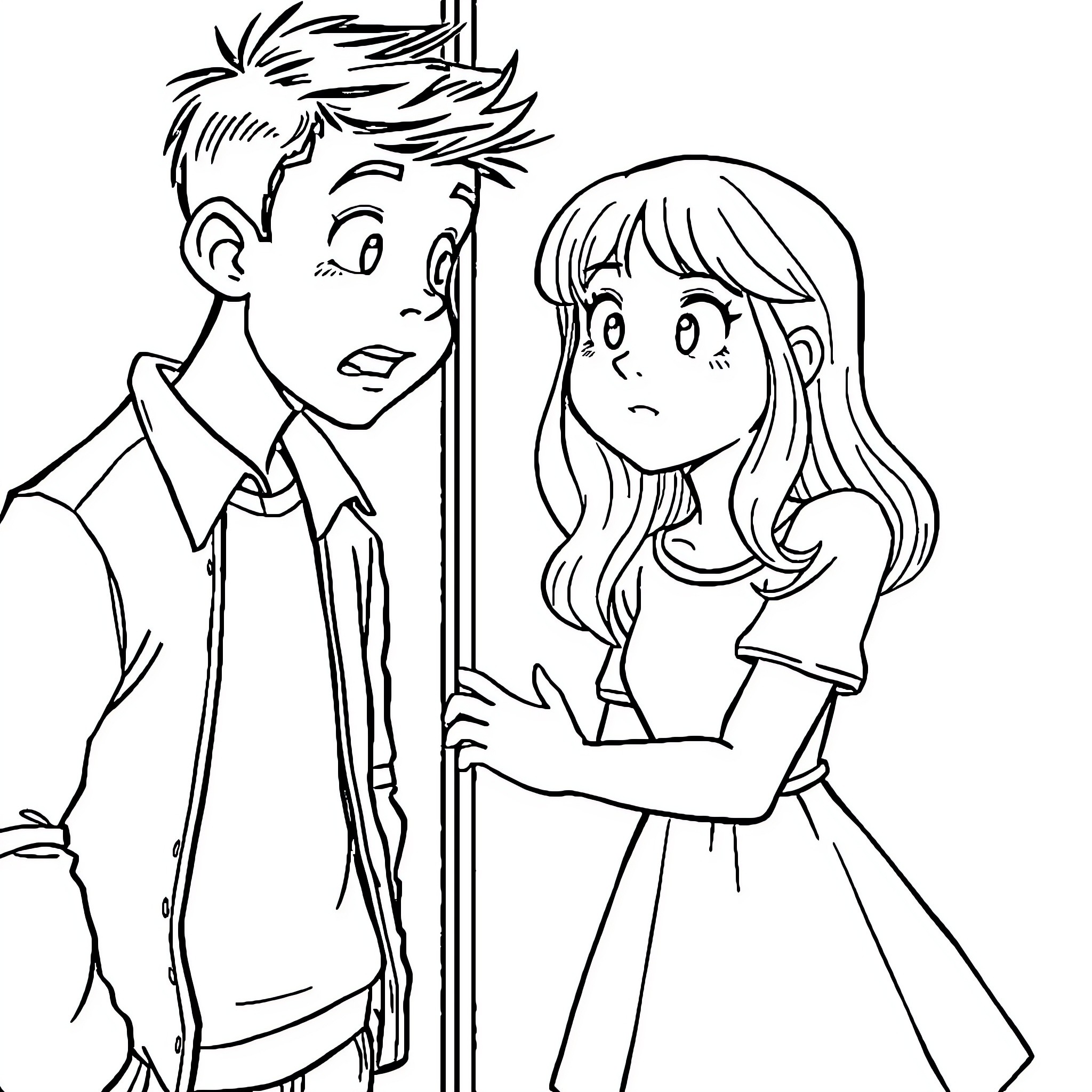 Body Swap: Teens Surprised by Switch Coloring Page (free black-and-white line drawing printable PDF for all, from beginners to advanced learners, including children, teens, adults, and seniors)