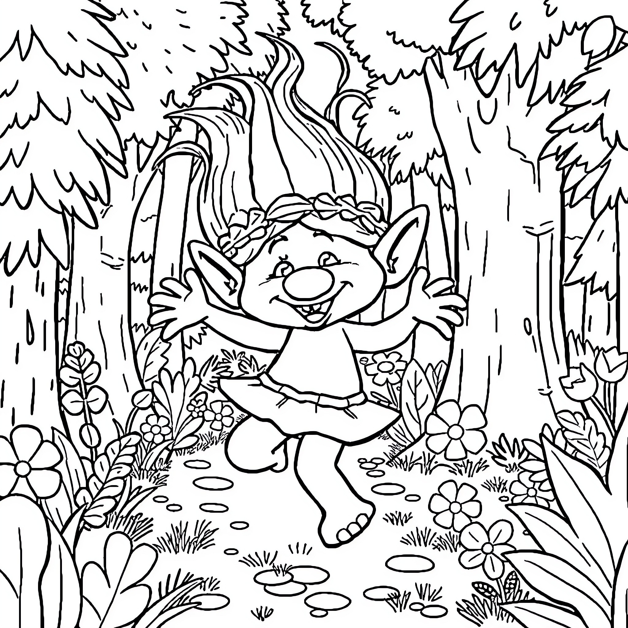 Poppy the Troll Happily Exploring the Enchanted Forest Coloring Page (free black-and-white line drawing printable PDF for all, from beginners to advanced learners, including children, teens, adults, and seniors)