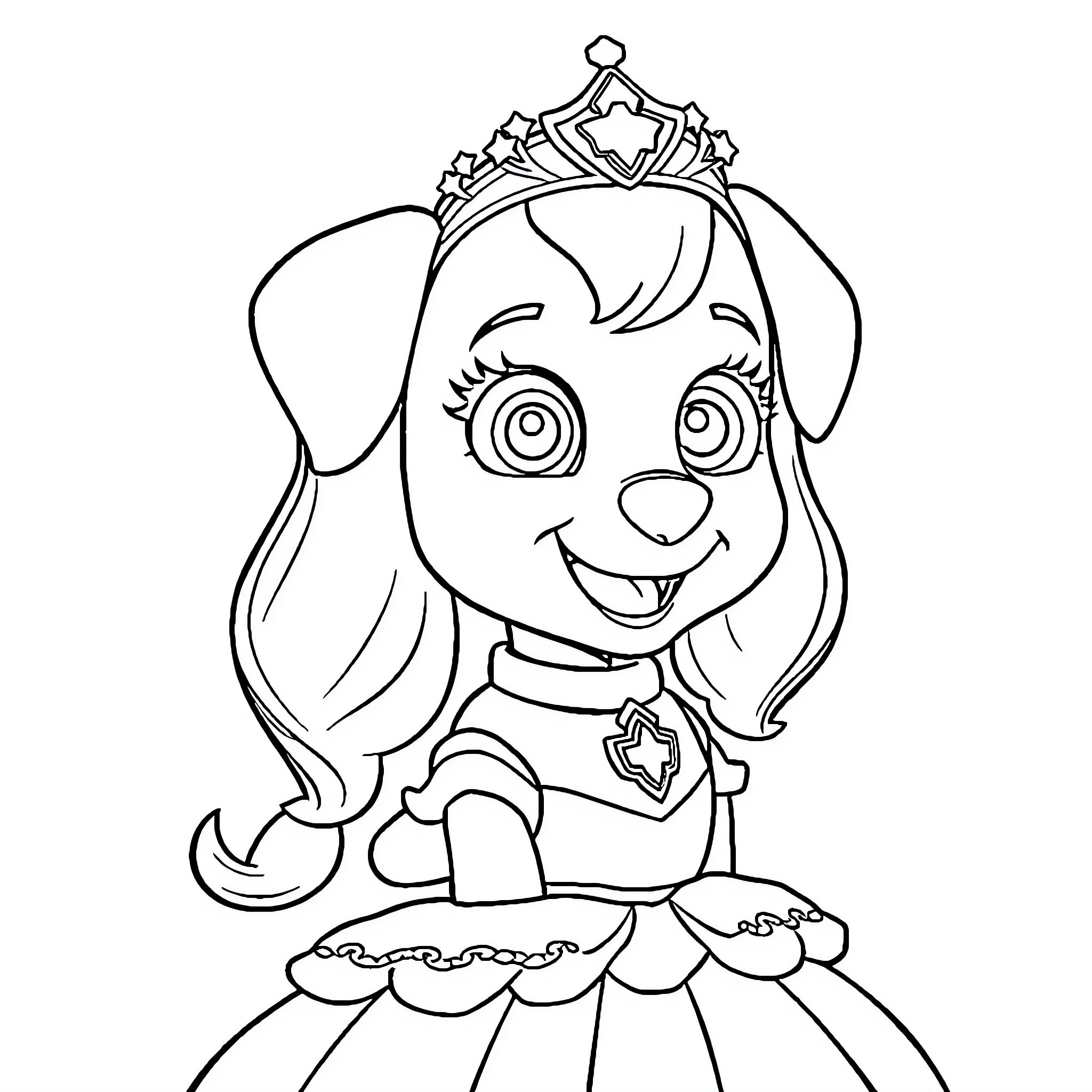 Skye dressed as a princess with a tiara Coloring Page (free black-and-white line drawing printable PDF for all, from beginners to advanced learners, including children, teens, adults, and seniors)