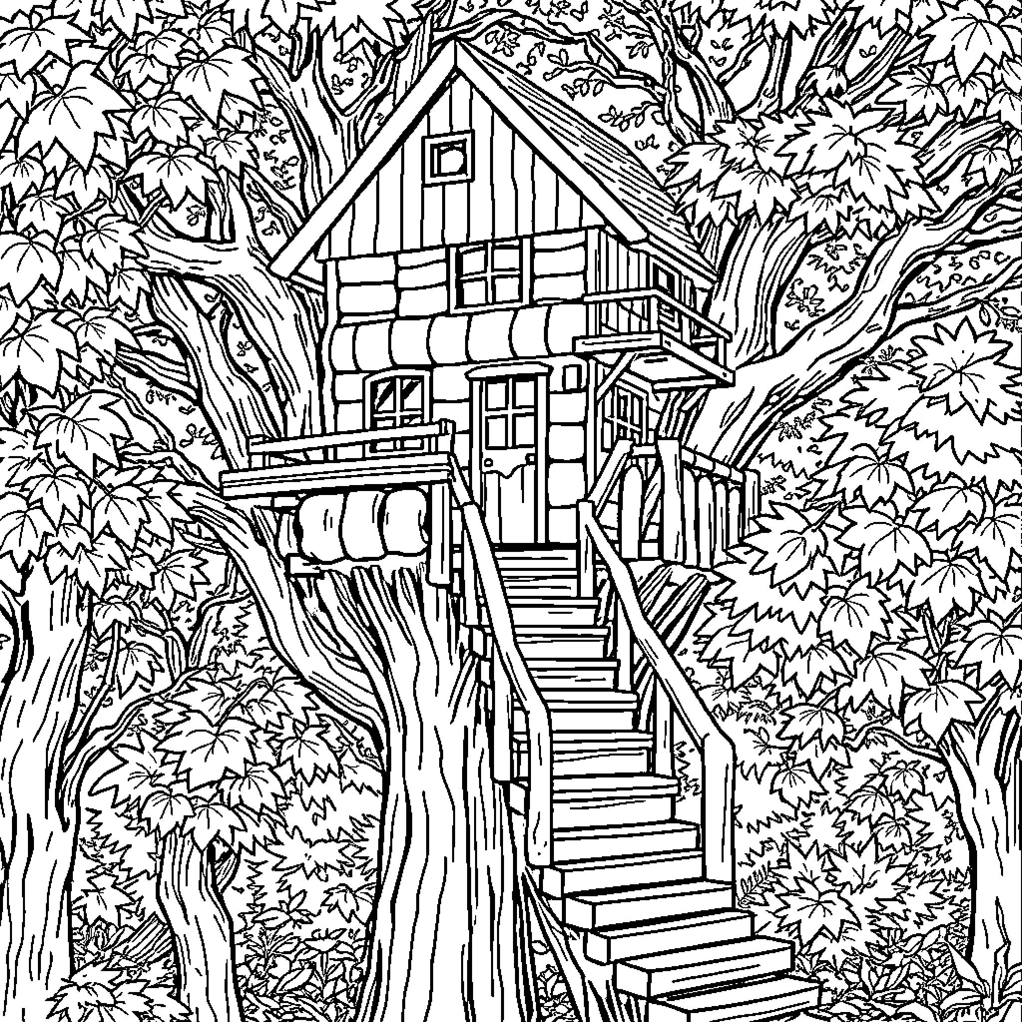 Treehouse hidden in the leafy forest Coloring Page (free black-and-white line drawing printable PDF for all, from beginners to advanced learners, including children, teens, adults, and seniors)