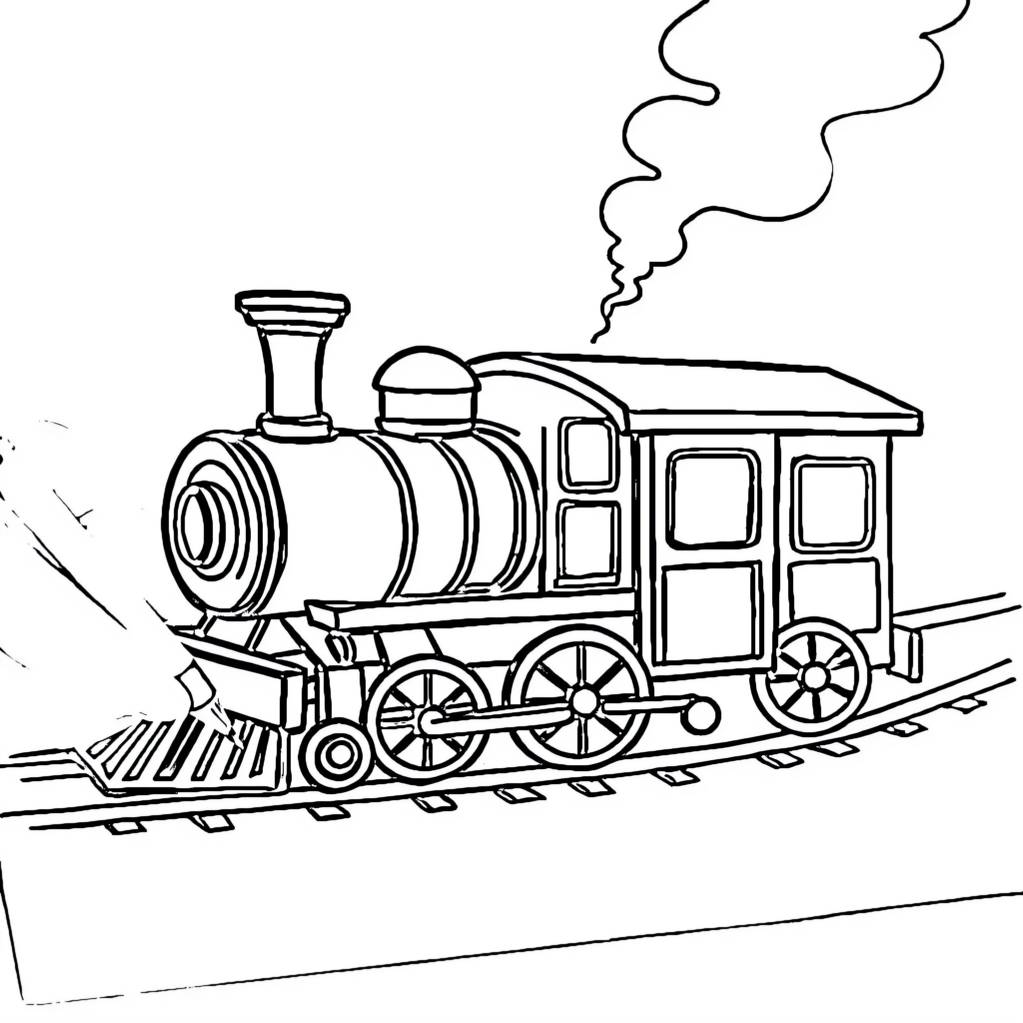 Train speeding along railway tracks Coloring Page (free black-and-white line drawing printable PDF for all, from beginners to advanced learners, including children, teens, adults, and seniors)