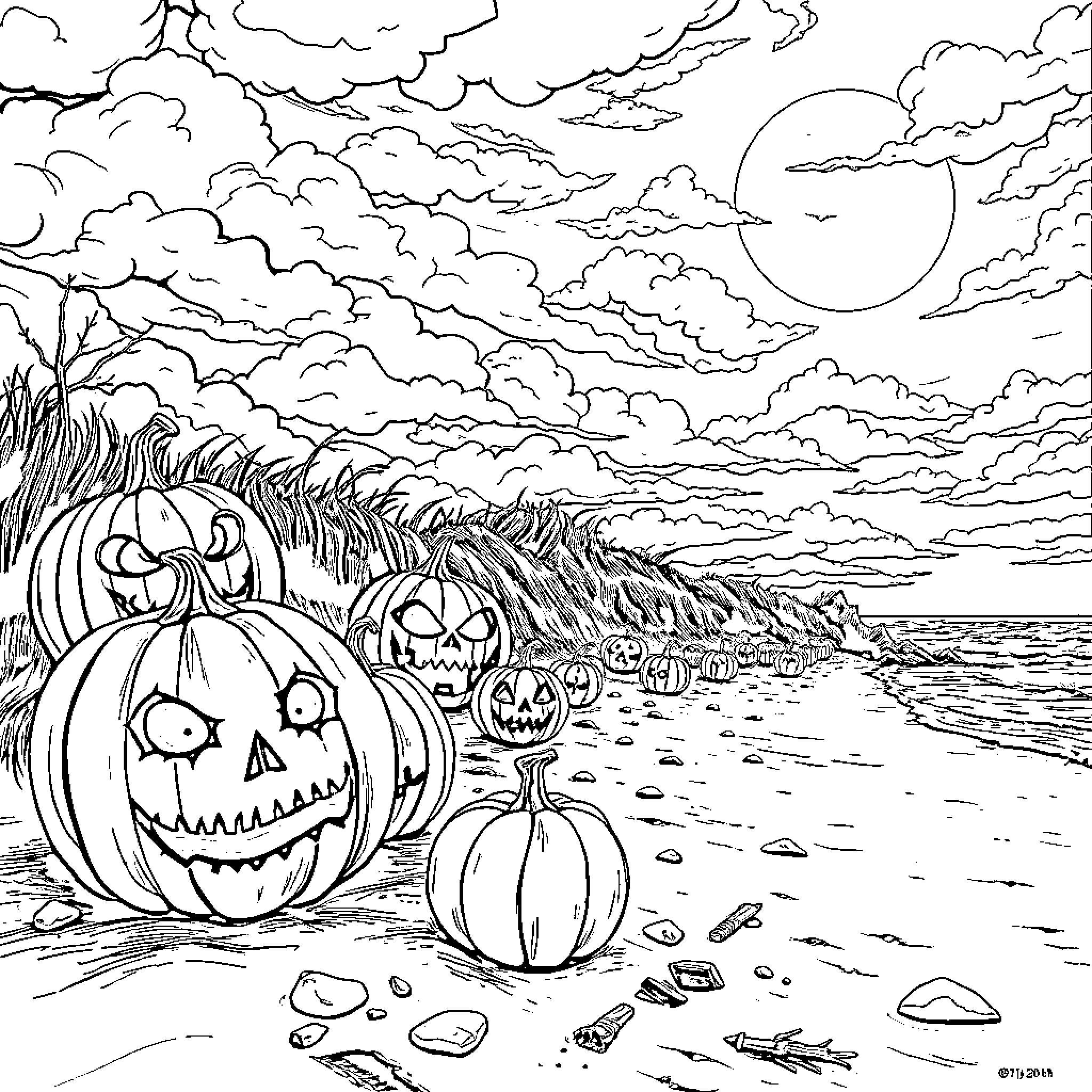 Pumpkins on a moonlit beach Coloring Page (free black-and-white line drawing printable PDF for all, from beginners to advanced learners, including children, teens, adults, and seniors)