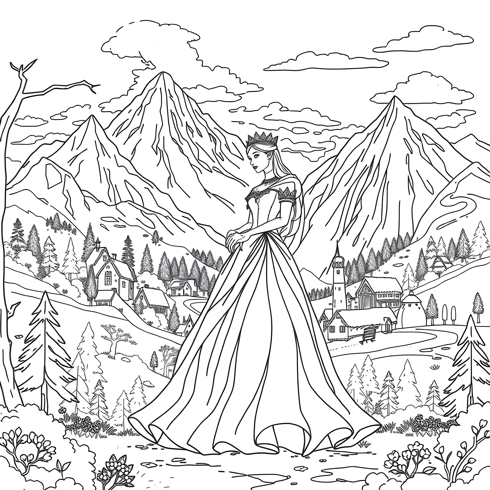 Princess Amidst the Scenic Mountain Landscape Coloring Page (free black-and-white line drawing printable PDF for all, from beginners to advanced learners, including children, teens, adults, and seniors)