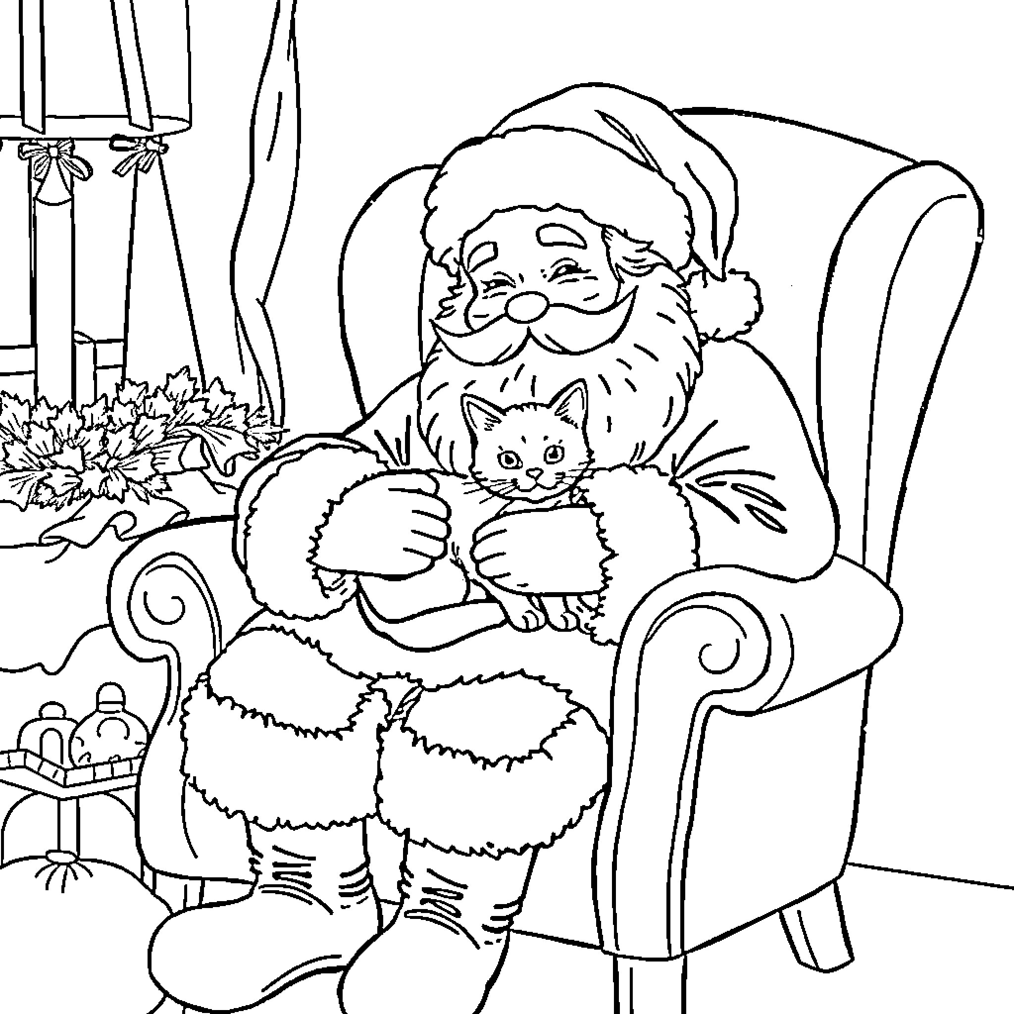 Santa snuggling a cozy cat in his armchair Coloring Page (free black-and-white line drawing printable PDF for all, from beginners to advanced learners, including children, teens, adults, and seniors)