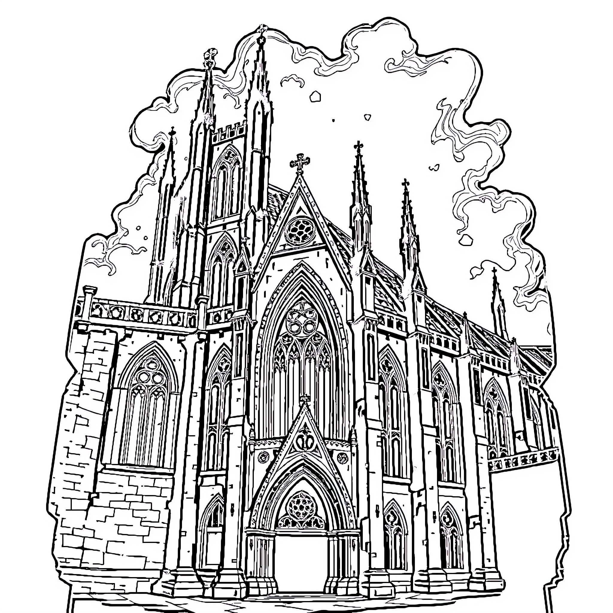 Gothic Cathedral with Ornate Architecture and Towers Coloring Page (free black-and-white line drawing printable PDF for all, from beginners to advanced learners, including children, teens, adults, and seniors)