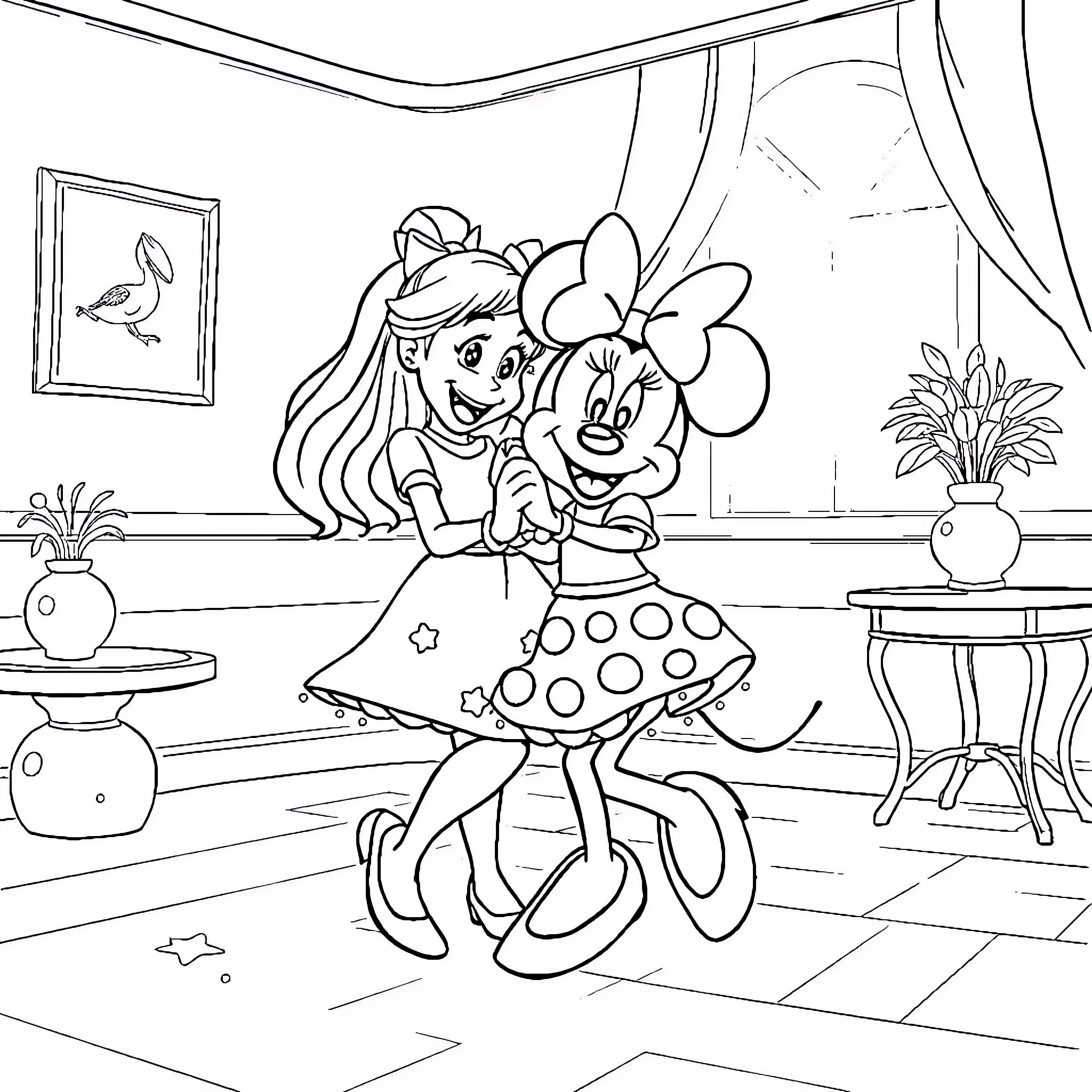 Gabby and Minnie enjoying a playful moment Coloring Page (free black-and-white line drawing printable PDF for all, from beginners to advanced learners, including children, teens, adults, and seniors)